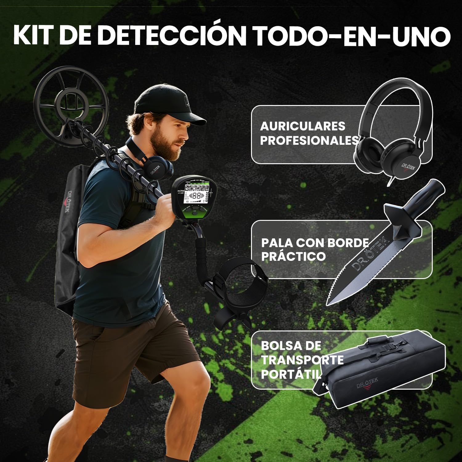 DR.ÖTEK Detector de Metales para Adultos Profesional, Portatil Detector, Modo de Pinpoint y de Memoria Exclusivo, Mayor Precisión, Bobina Impermeable IP68, Pantalla LCD, Chip DSP Avanzado, Verde