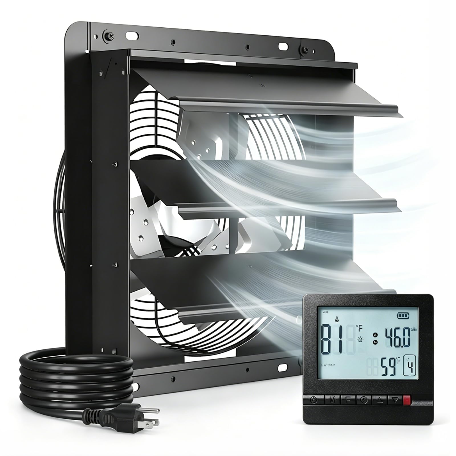 Amico 12" Shutter Exhaust Fan, Remote Thermostat &amp; Humidity 25W DC 1238 CFM