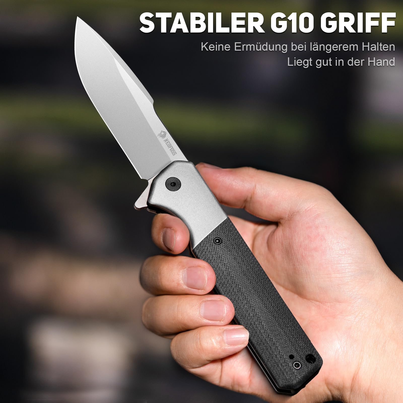 NedFoss BEAST Klappmesser, Klingenlänge 10cm aus D2 Stahl Taschenmesser mit G10 Griff, Einhandmesser mit Liner Lock & Kugellager, Outdoor Messer mit Clip, Survival Messer für Sammlung & Geschenk