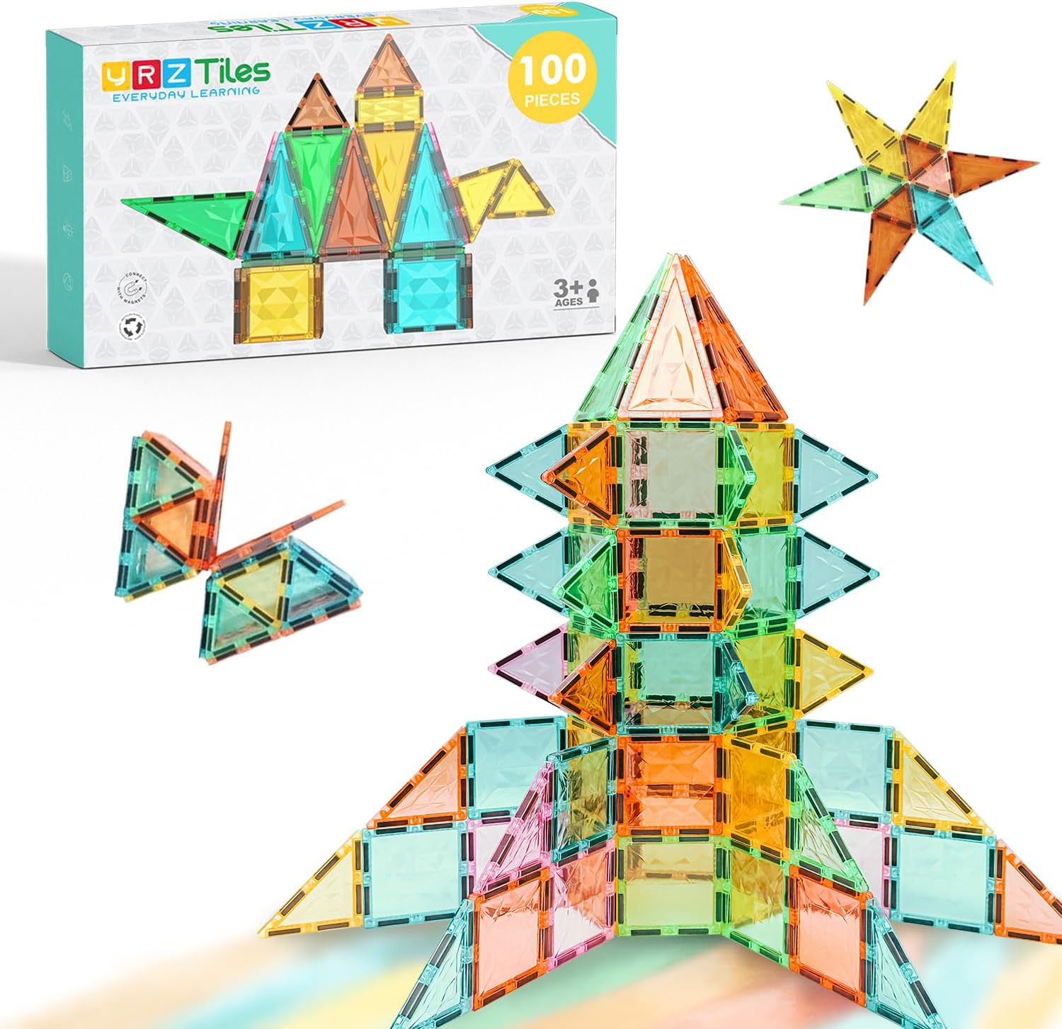Magnetic Tiles 100-Piece Set for Kids, Magnetic Building Blocks STEM Toys for Age 3+ Boys and Girls, Educational Magnet Construction Tiles for Creativity & Learning