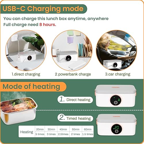 Miniatura 4 de Iridesc Lonchera eléctrica con calefacción, calefacción automática inalámbrica, capacidad de 1 litro, autocalentamiento para oficina, automóvil y