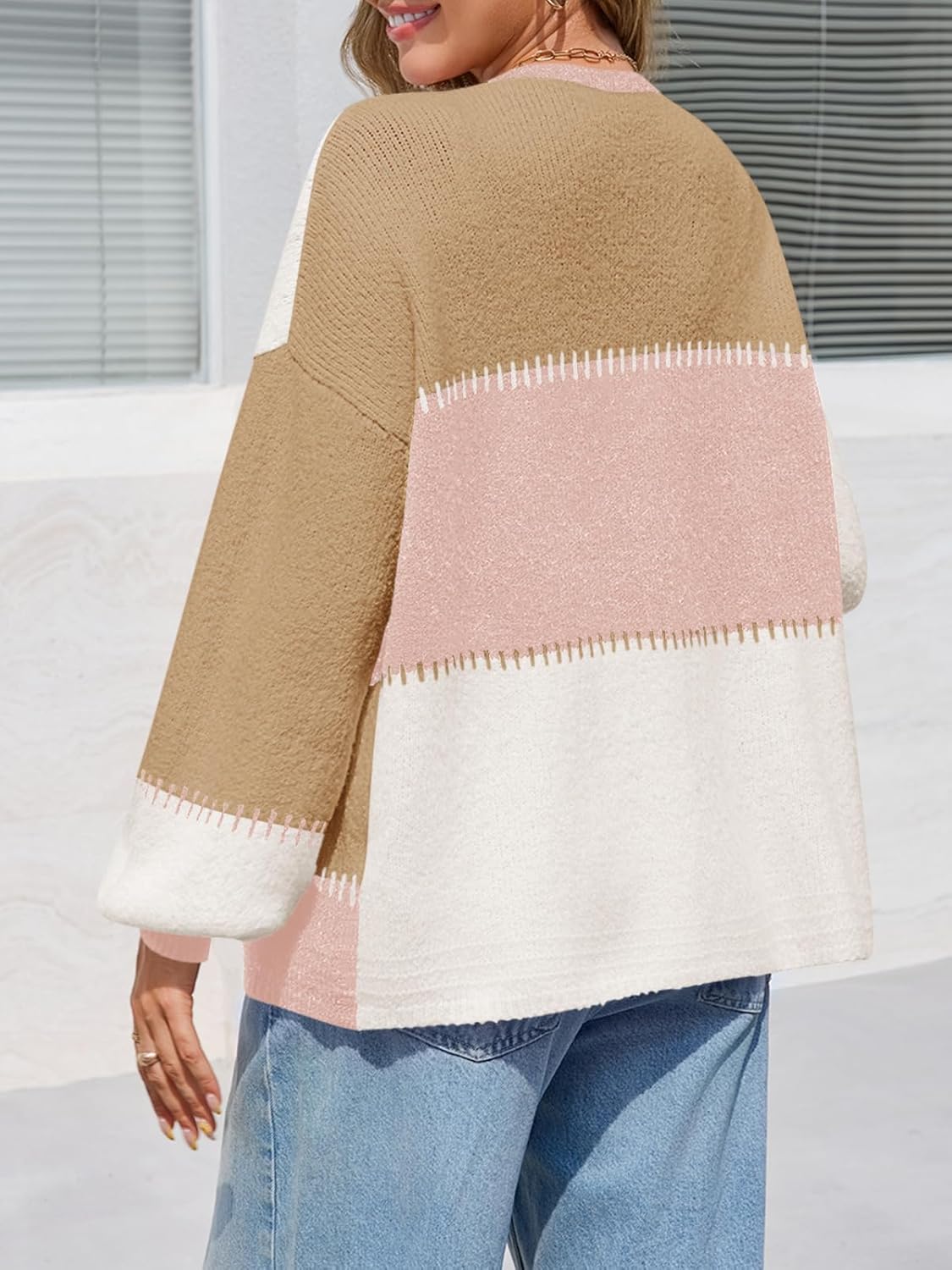 Yousify Womens Cardigan Sweater Color Block Open Front Long Puff Sleeve Casual Chunky Knit Cardigans 2025 Fall Outerwear - Image 3