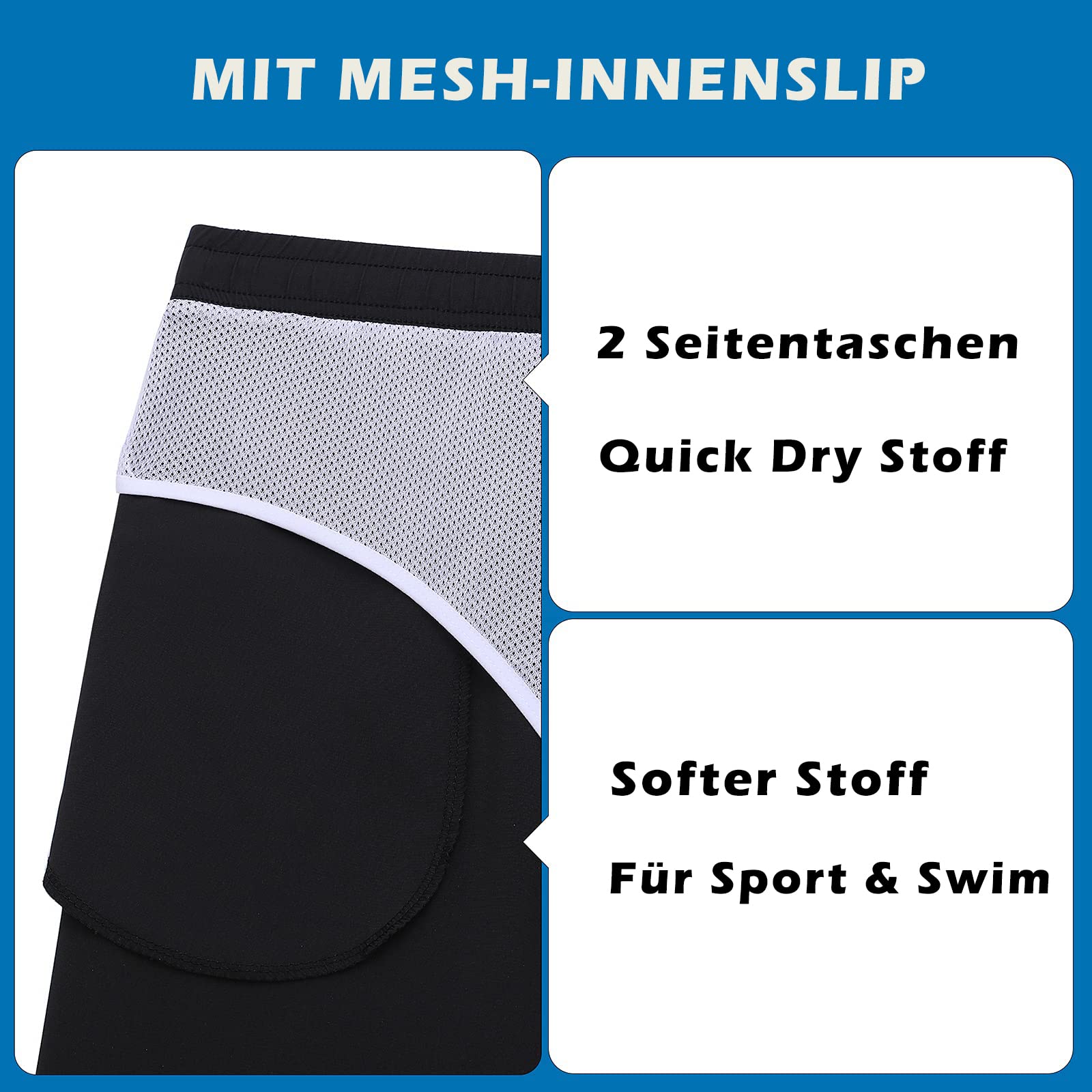 Schnelltrocknende Pro Badeshorts mit Mesh-Innenslip & Taschen, Wasserabweisende Herren Badehose Lang Boardshorts Sport Shorts