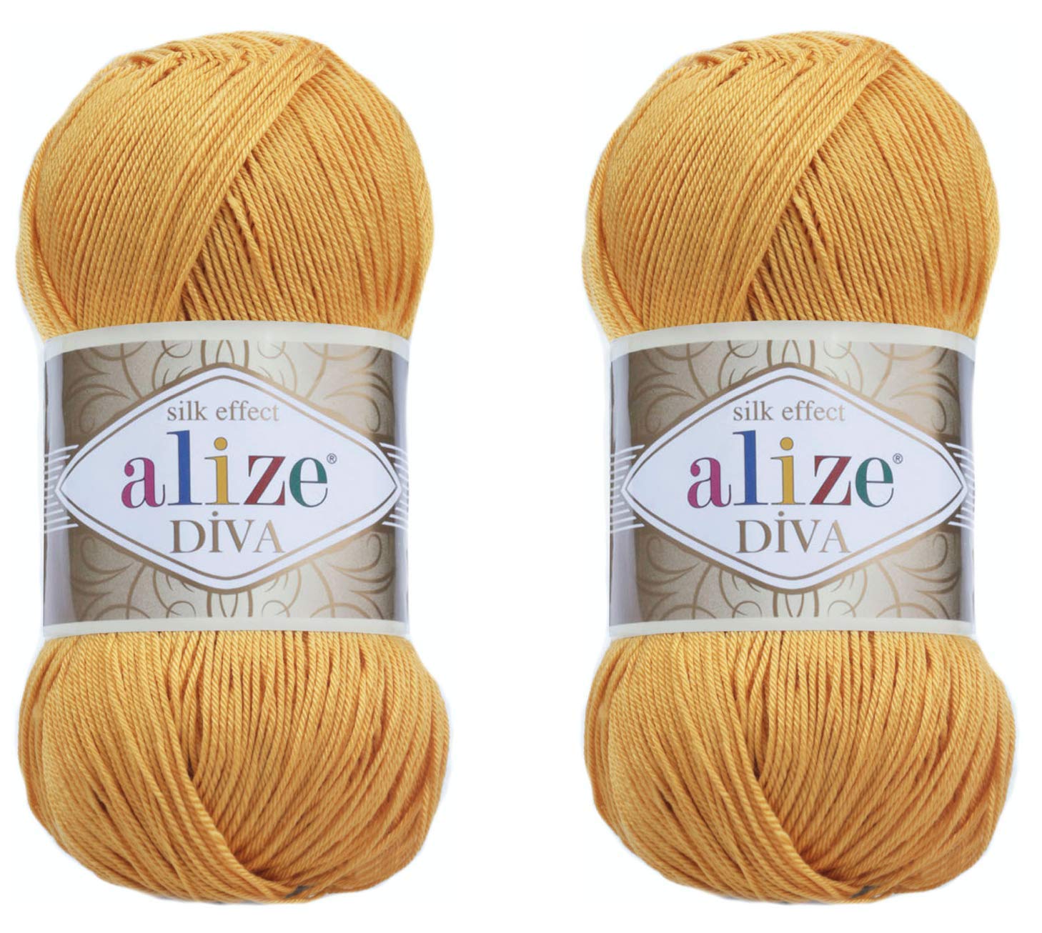 Alize Diva Yarn Hand Knitting Yarn 100% Microfiber Acrylic Yarn Alize Diva Silk Effect Thread Crochet Art Lace Craft Lot of 2 skeins 200gr 767 yds (488-Safrron)