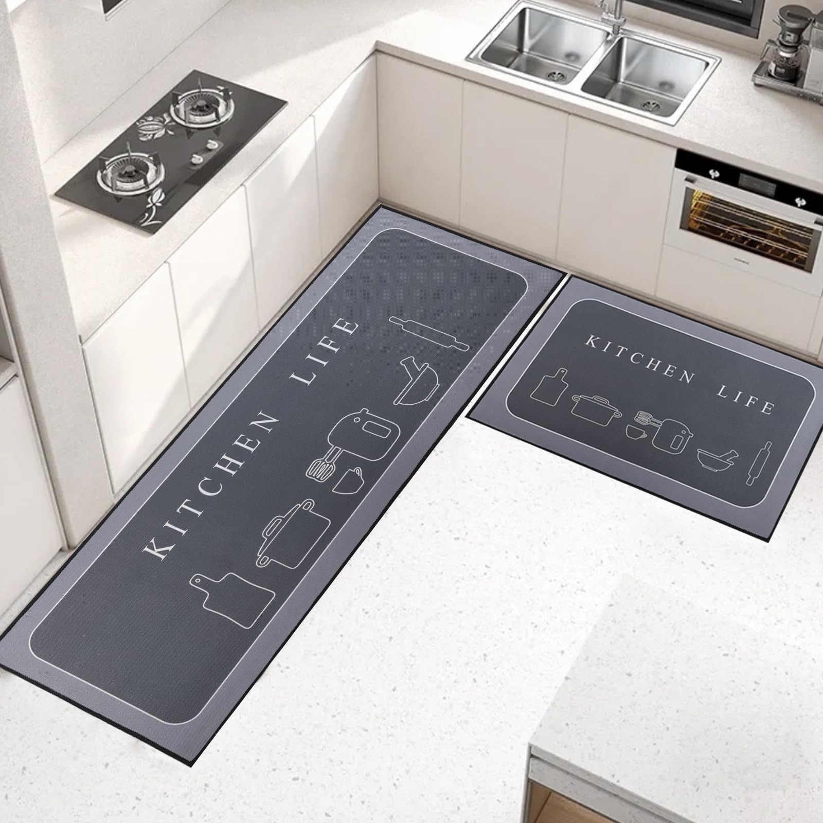 OPLERT 2 Pieces Kitchen Rugs, Non Slip Washable Kitchen Floor Mats, Water-absorbent, for Kitchen Hallway Living Room Bedroom,Black,43x75+43x150cm