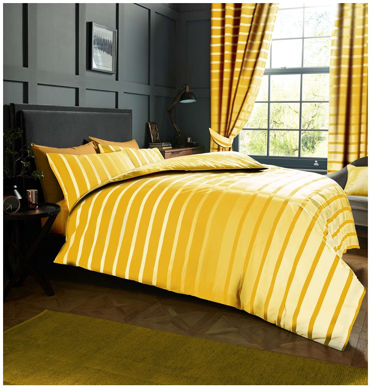 GC GAVENO CAVAILIA Geometric Bedding Set | Breathable Double Duvet Cover Set With Matching Pillowcases | Reversible Light Weight Striped Quilt Covers Bedset | Ochre