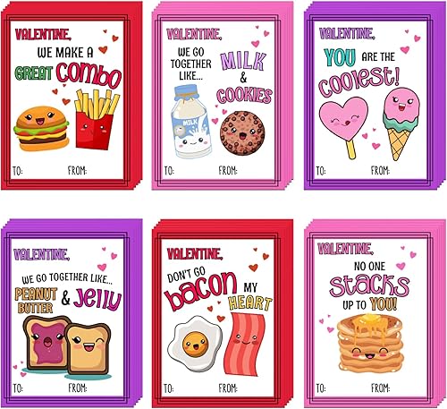 Ungirds Paquete de 30 tarjetas de San Valentín para niños, 6 adorables diseños temáticos de alimentos, lindas tarjetas de San Valentín con 30 sobres