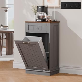 Betterhood Double Tilt Out Trash Cabinet with Power Outlet,Wooden Hidden Garbage Can Holder with a Big Storage Drawers for Kitchen, Living Room, Laundry, Grey