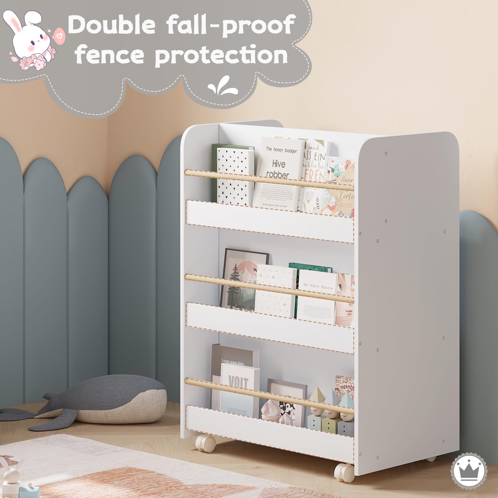 WOLTU Libreria per Bambini con Ruote 2 in 1, Porta Libri e Giocattoli, Libreria a 3 Ripiani e Portagiochi con Scatole e Scomparti Aperti per Camerette, Asili, in Legno, Bianco, 62,5x40x82,5cm