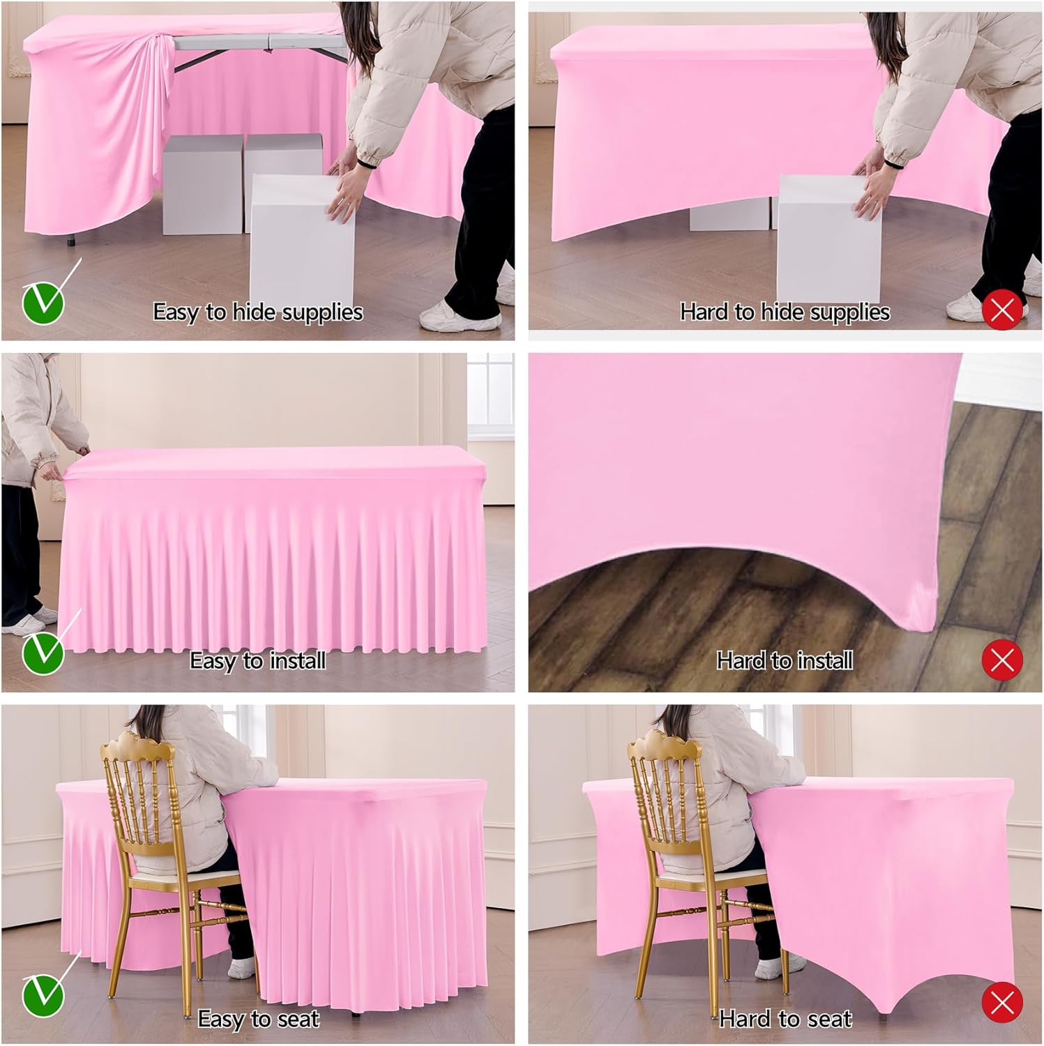 Outpain 6ft Spandex Table Cloth for Standard Folding Tables-6Pack Baby Pink Table Cloth Table Protector for Party, Wedding, Cocktail, Banquet, Festival