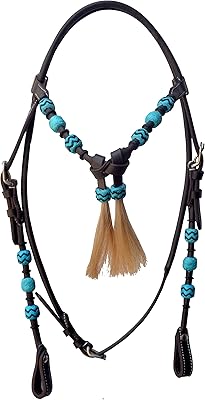 WeavingCraft Western Leather Round Headstall with Natural Hand Braided Turquoise Rawhide Futurity Knot Natural Hair Tassels Bridle -(Dark Brown - Standard)
