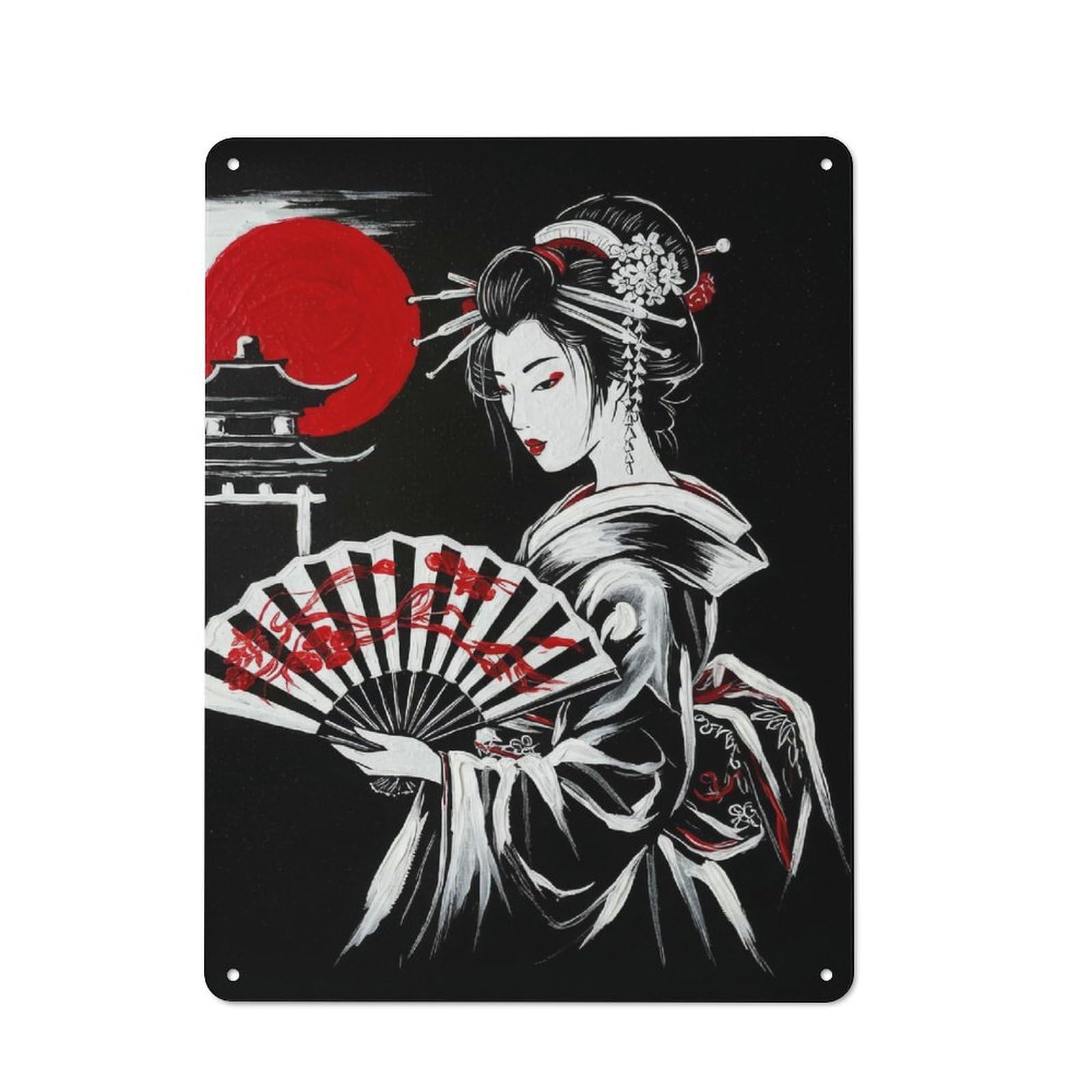 Classic Geisha with Fan in Black And White Metal Wall Art Sign 40x30cm, Vintage Wall Decor for Lounge, Study, Pub Or Wall Gallery