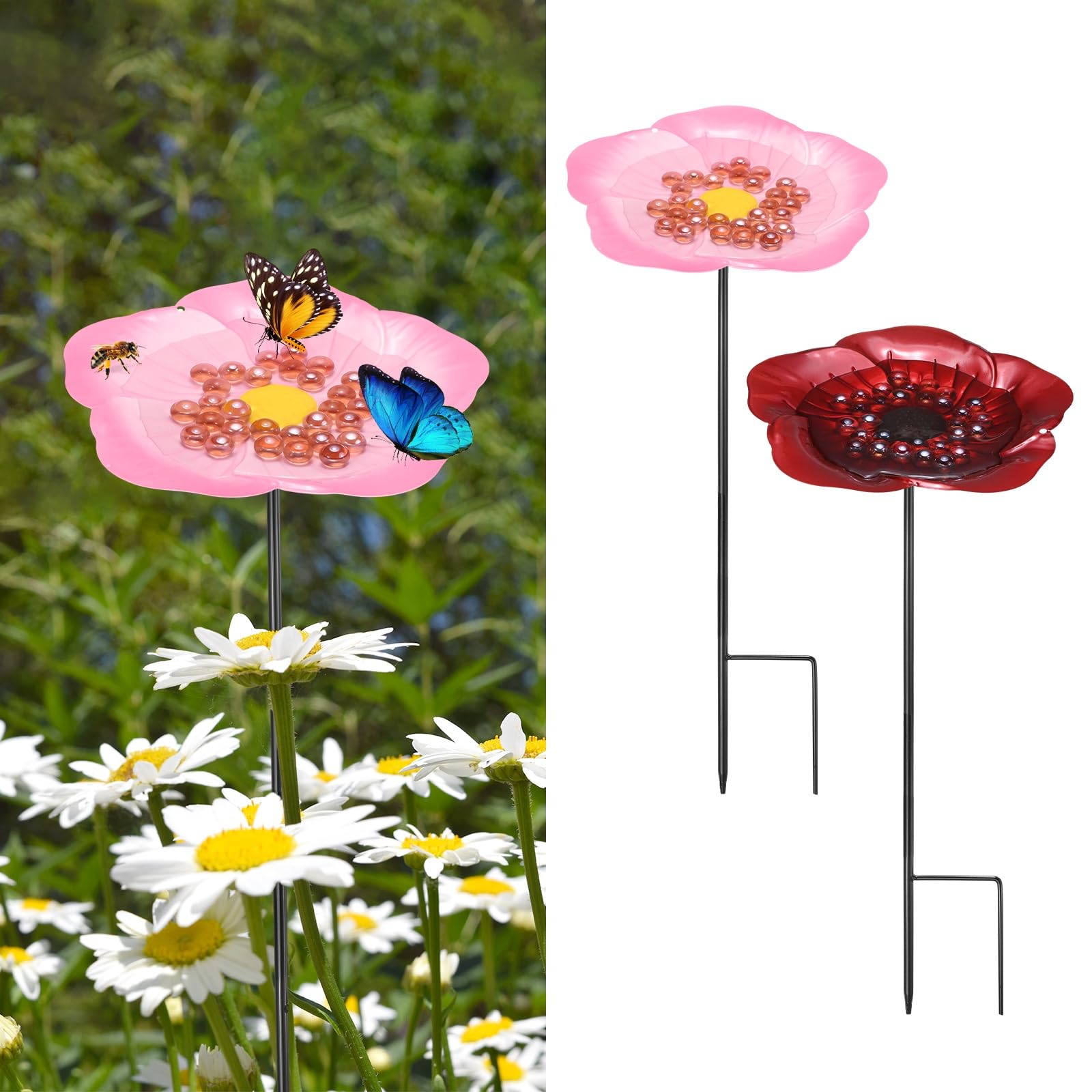 M METERXITY 2-Pack Bee Watering Station, 53cm/21 Inch Iron Bee Bath for Garden Water Feeder, Colorful Butterfly Bath Bowl for Outdoor/Garden/Yard Decor [Pink/Red]