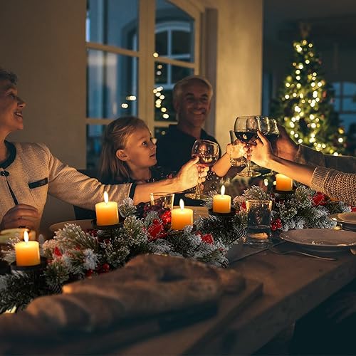 Miniatura 6 de Centro de mesa artificial de Navidad con 3 portavelas, flores rojas, bayas rojas y conos de pino nevado, base de acero, decoración de Navidad para