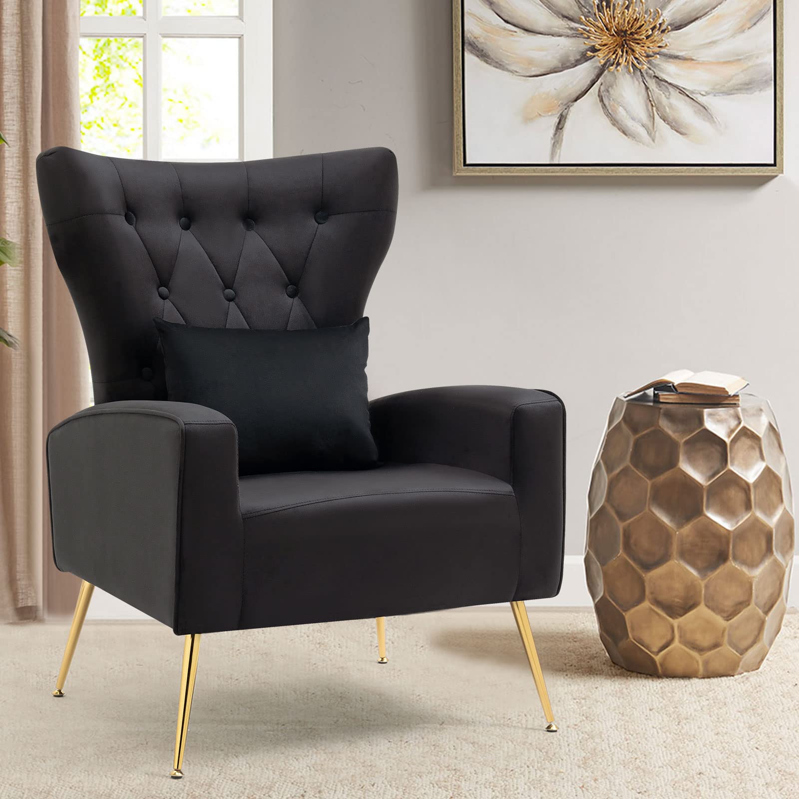 ZJhome Button-Tufted Living Room Chairs, WingBack Velvet Accent Chair Armchair with Lumbar Pillow, Bedroom Chairs Arm Chair with Golden Legs, Black
