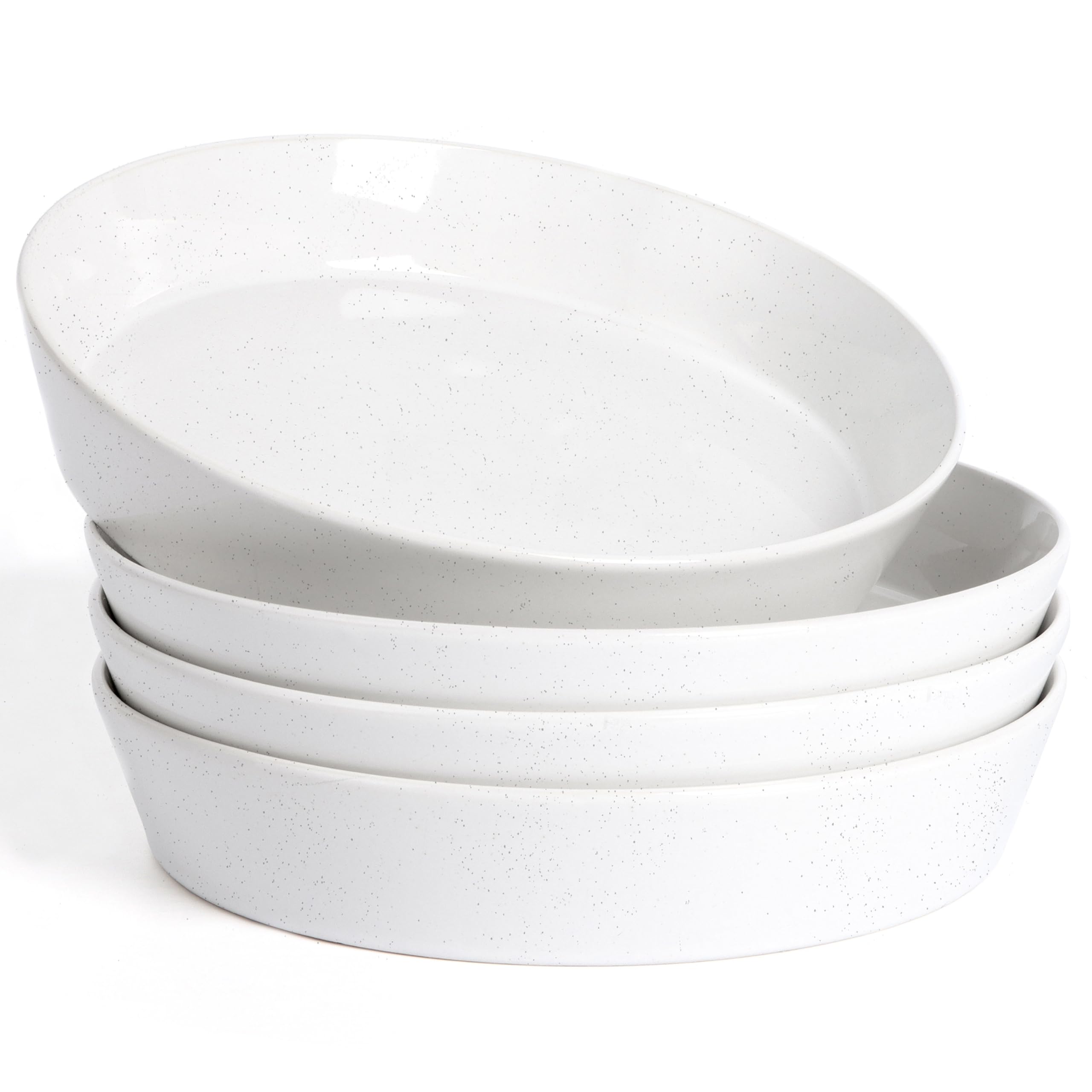 HaWarePasta Bowls Set of 4, 34oz Salad Plates for Home Kitchen, Stackable Large Wide Ceramic Bowl for Serving Dinner, Microwave & Dishwasher Safe, Speckled Starlight White