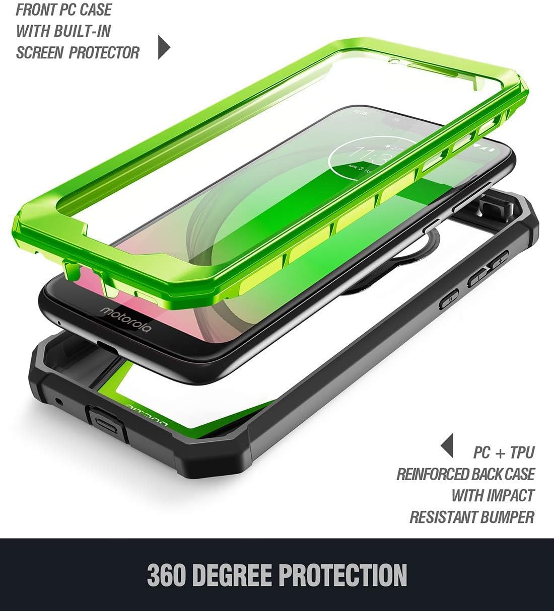 Moto G7 Play Rugged Clear Case, Moto G7 Optimo Case, Poetic Full Body Hybrid Shockproof Bumper Cover, Built-in Screen Protector, Guardian Series, DO NOT FIT Moto G7 Or Moto G7 Power, Green/Clear