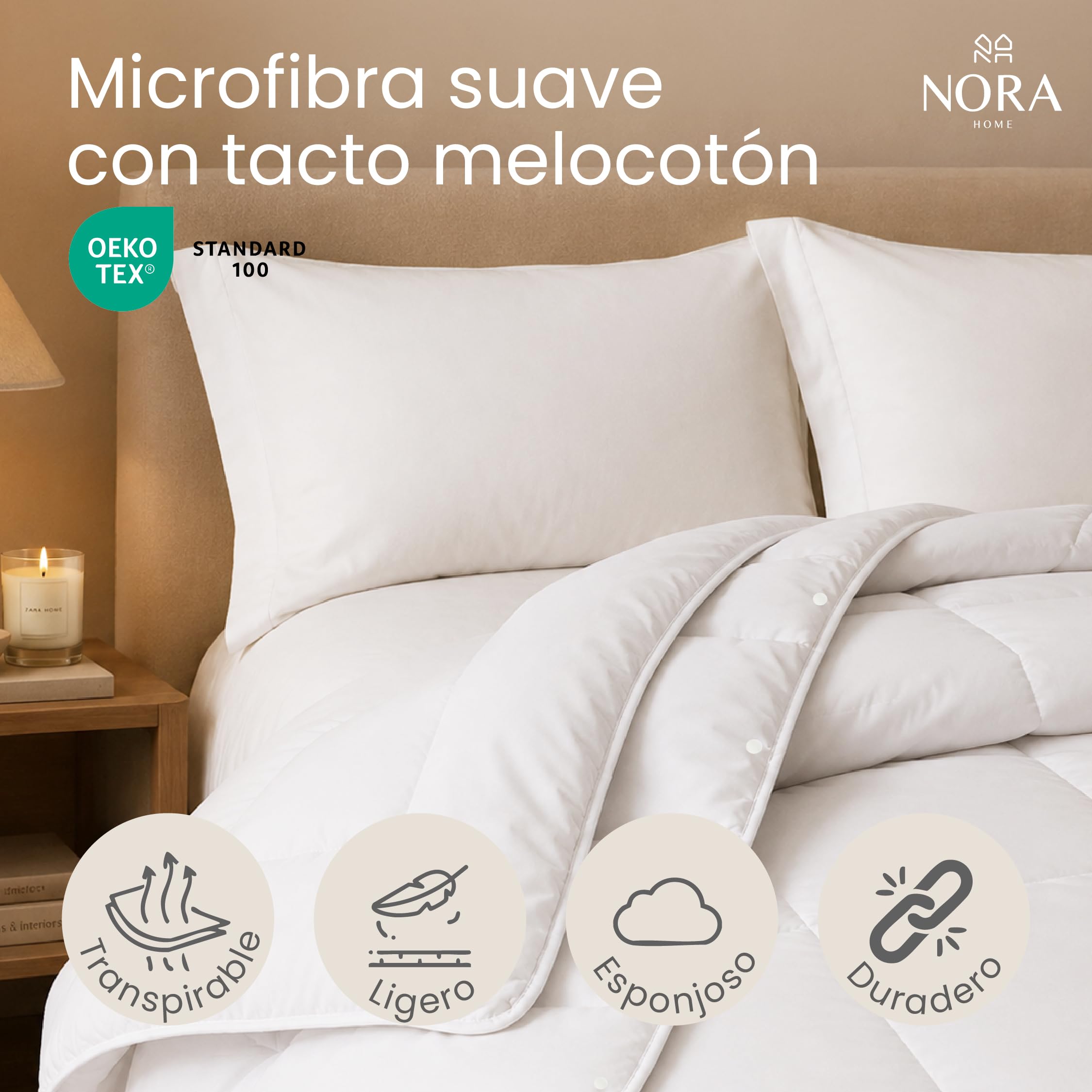 NORA HOME Relleno Nórdico 150x220, Cama 90, 4 Estaciones, 2 en 1, 375 g/m² | 125+250 g/m² unidos con 10 clips, microfibra tacto melocotón, lavable, OEKO-TEX