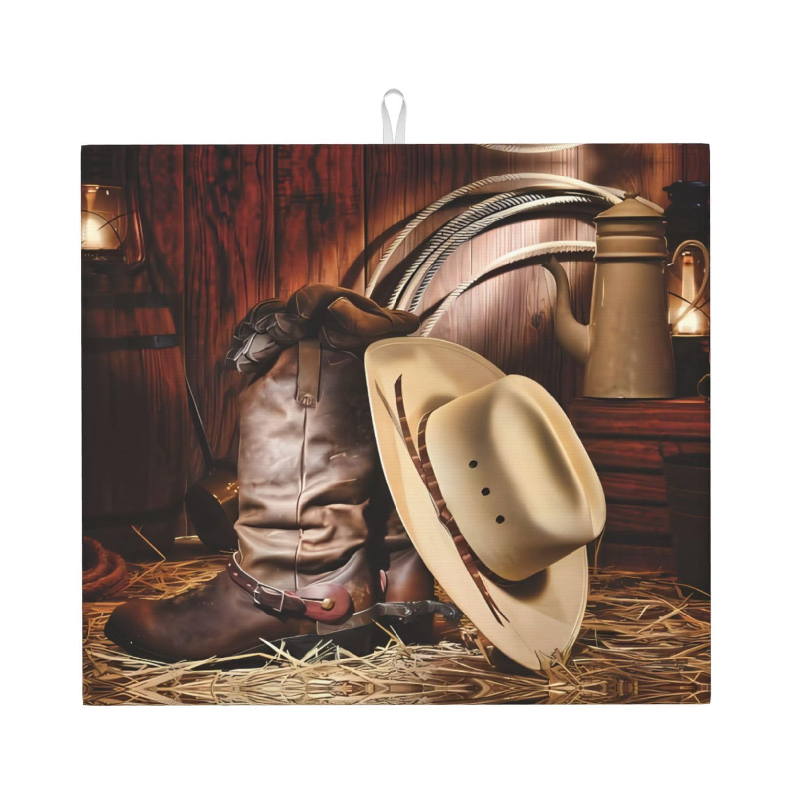 HJFCZH Cowboy Black Hat Western Boots Prints Kitchen Drying Mat – Absorbent Microfiber Throw for Dishes, Non-Slip Counter Cover, Quick-Drying Layer with Fade-Resistant Print