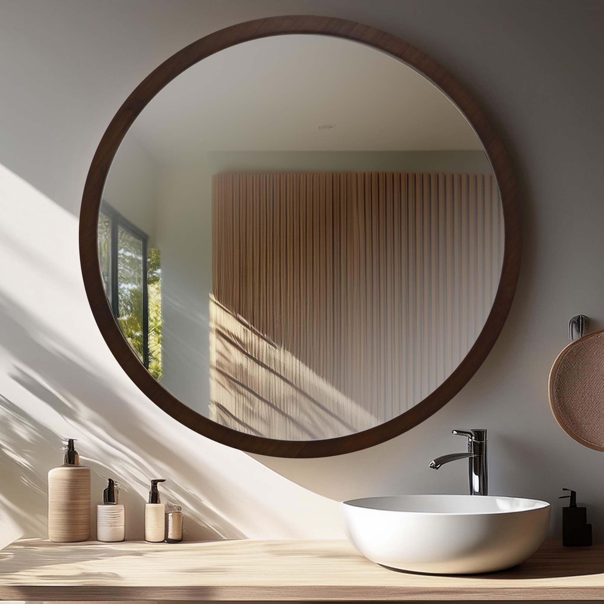 Espejo Redondo de Pared Color Nogal, Ancho 2,5 cm, 70 cm Exterior | Para Recibor, Salón y Baño