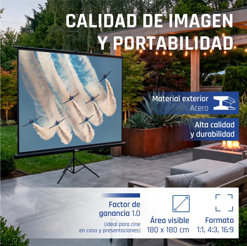 iggual Écran de Projection 100" - Portable Manuel Enroulable avec Trépied - Format 1:1 - Vision 180º - Compatible 4K et Tout Projecteur - Hauteur Réglable + Sac Transport et Trépied (180x180 cm)