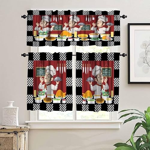 Miniatura 20 de Cenefa de cortina de chef para decoración de ventanas, panel de cortinas cortas con bolsillo para barra de cocina, gourmet en rojo burdeos, cortinas