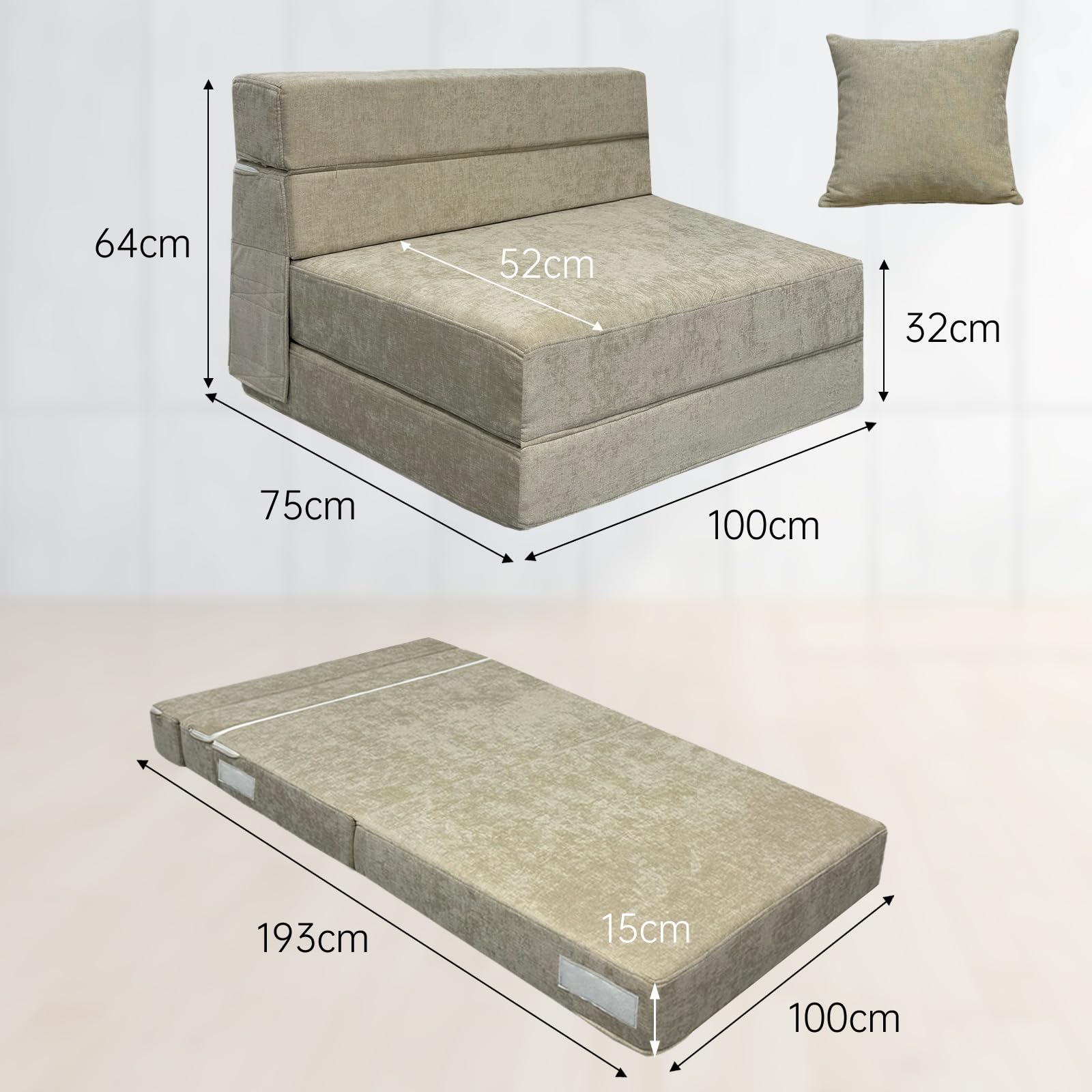 ANONER 100 x 190 cm Schlafsessel klappbar, Gästesofa Klappbar 100 x 190 cm, Schlafsofa Klappsessel mit Memory Schaum & Kissen, Faltbares Tragbarer Stuhl für Wohnzimmer Lofts, Waschbar Set, Beige