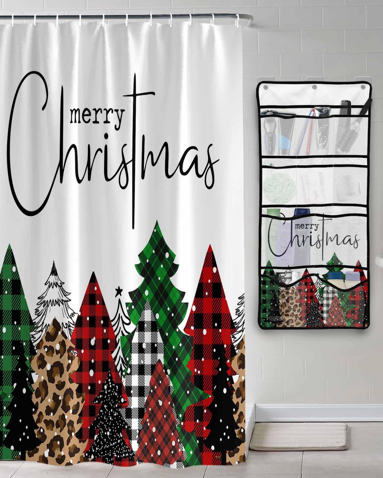 Shower Curtain Mesh Shower Organizer Hanging Set Merry Christmas Green and Red Plaid Buffalo Tree White Waterproof Shower