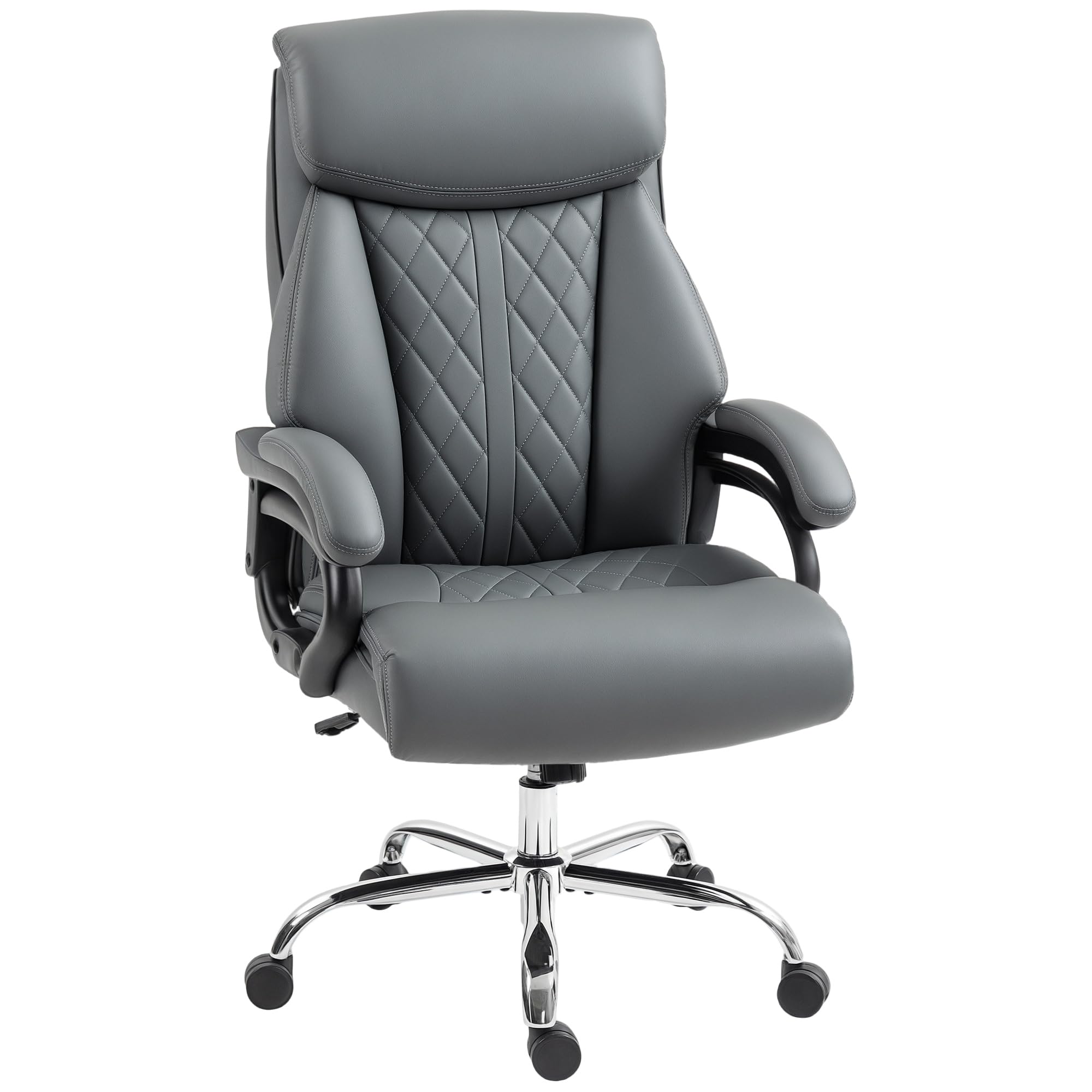 HOMCOM Bürostuhl mit Hoher Rückenlehne Wippfunktion PU-Leder Anthrazitgrau | Ergonomischer Chefsessel, Höhenverstellbarer Gepolsterter Computerstuhl, Kopfstütze, Drehbare Räder