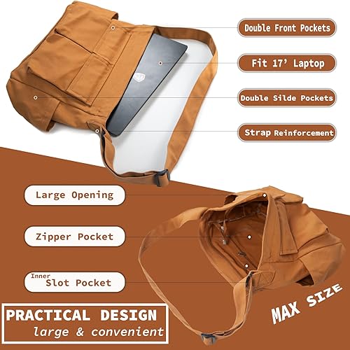 Miniatura 5 de Bolso bandolera de lona grande con múltiples bolsillos, bolsa de hombro casual para mujeres y hombres