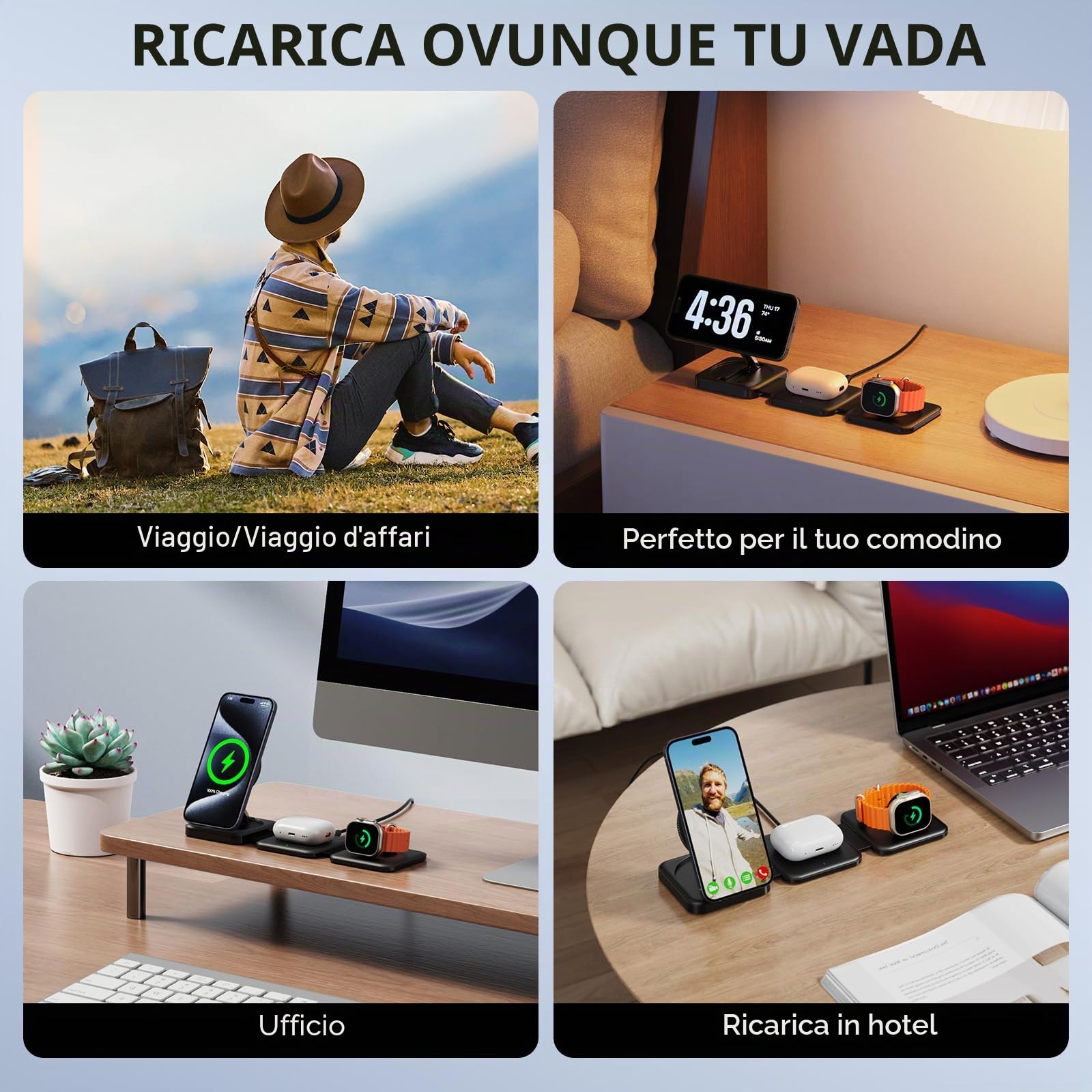 Hinyx Caricature wireless 3 in 1, Caricatore Base Ricarica per iPhone 14/15/13/12/Pro, Caricatore Pieghevole Magnetico Per Air Pods 3/2/pro, for Apple iWatch Series Ultra/SE/S8/8/7