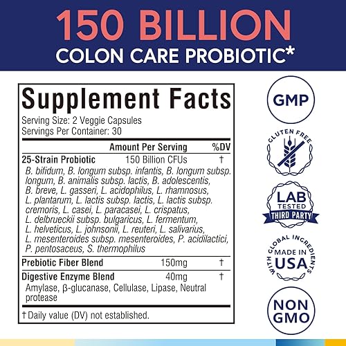 Miniatura 2 de Terranics Probióticos diarios para hombres y mujeres, 150 mil millones de 25 cepas probióticos para el cuidado del colon, con prebióticos y enzimas,