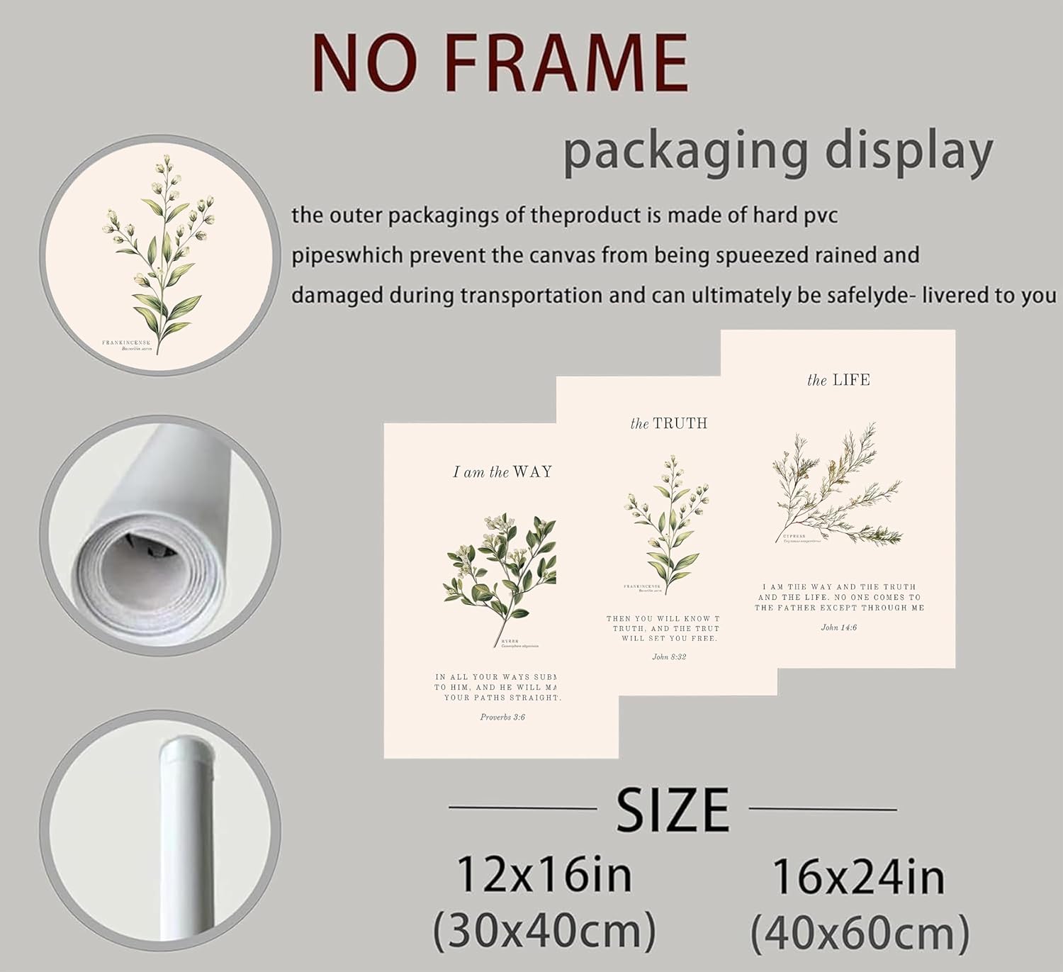 Unframed 3Pcs Christian Bible Wall art Religious Verse Painting Picture Wall Decor Proverbs 3:6 John 14:6 Vintage Botanical Poster Print Artwork for Bedroom Living Room Study Home Decoration Neutral Beige Faith Gifts