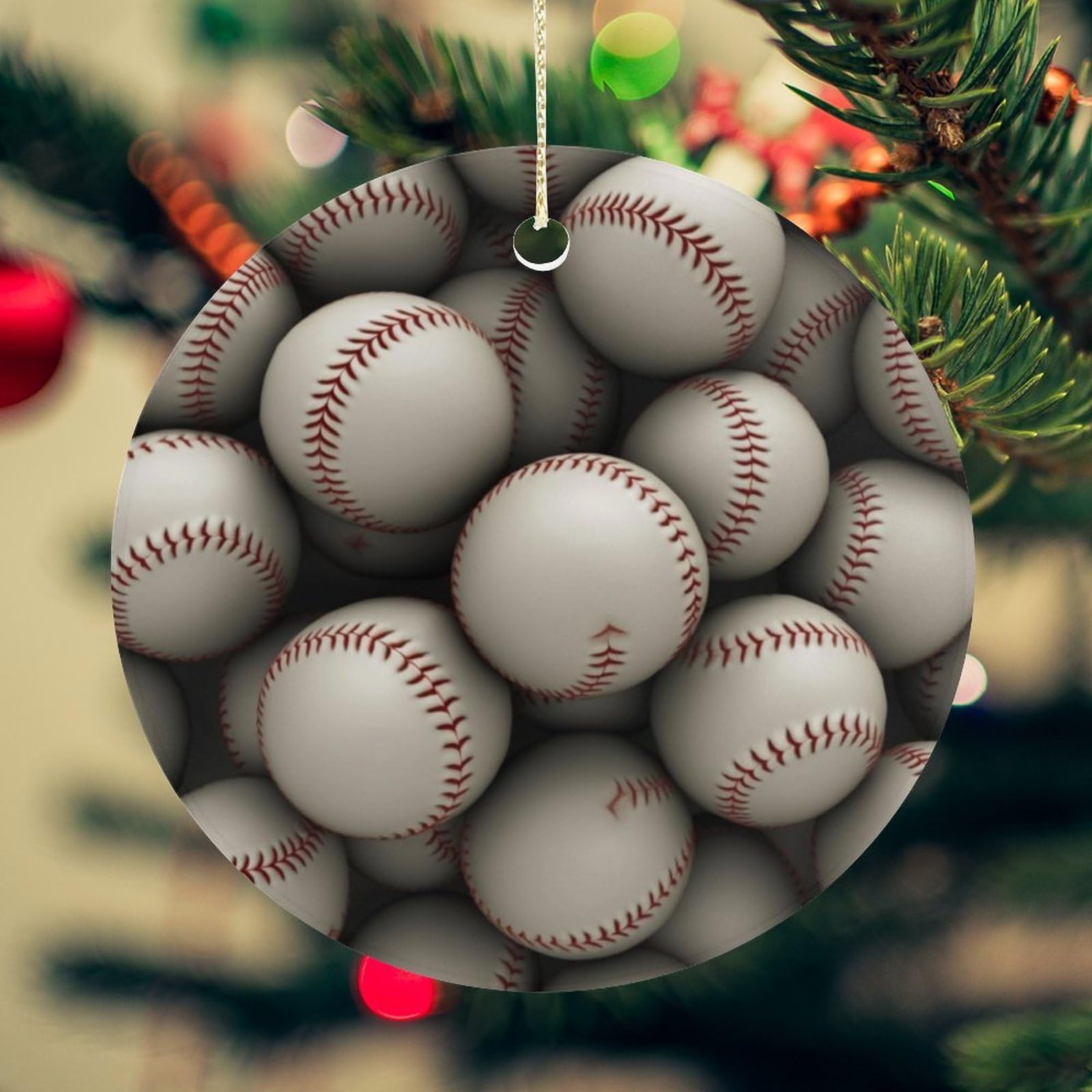 Baseball Christmas Ornament for Christmas Tree Ceramic Round Ornament Winter Holiday Keepsake Gift 2.7" Christmas Tree Hanging Decorations Circle Ceramic Pendant Xmas Gift