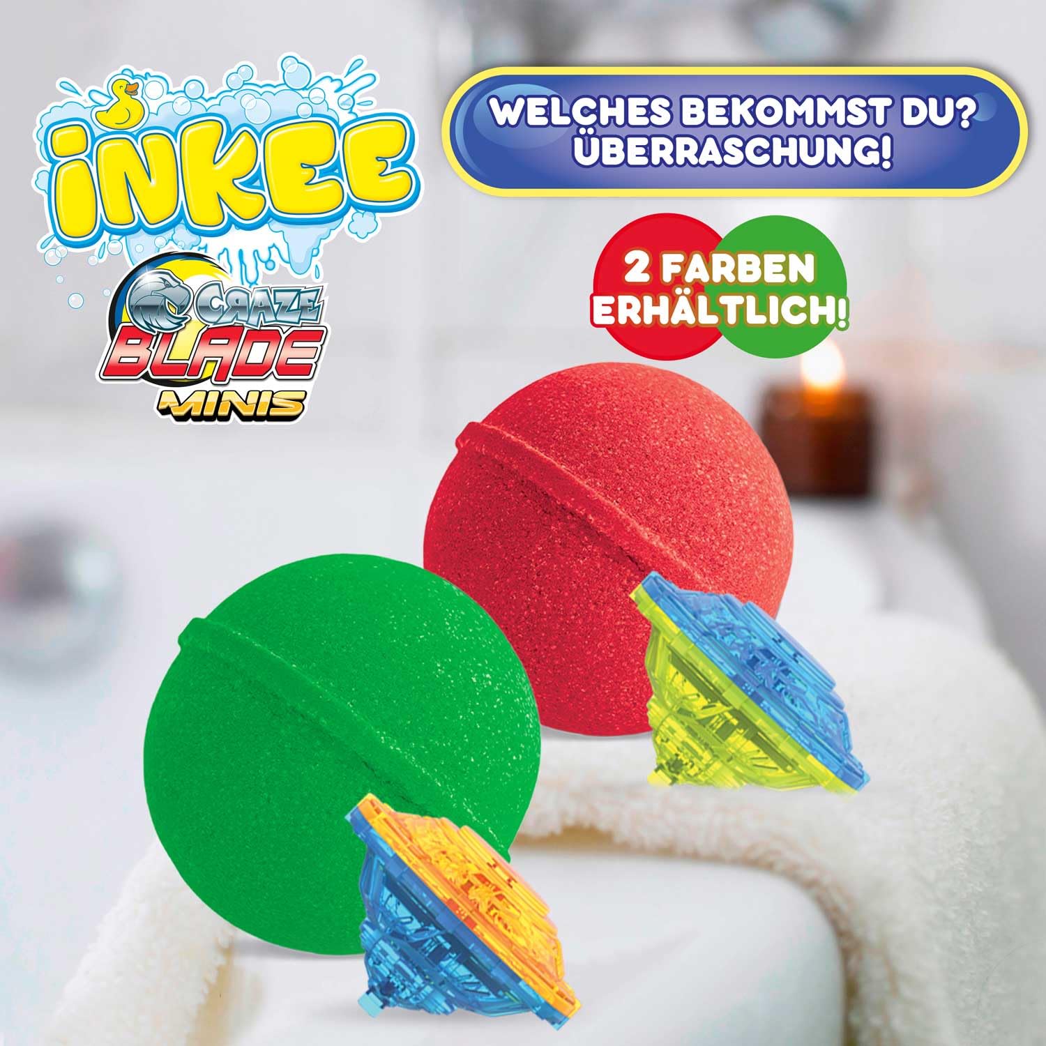 INKEE Surprise Blade Bączek Bojowy – Bomba do Kąpieli dla Dzieci z Niespodzianką – 1 z 6 Mini Bączków BLADE – Kula do Kąpieli 100g z Aromatem Czekolady i Masłem Kakaowym, Zielona lub Czerwona