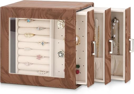 منظم صندوق مجوهرات DesignSter، صندوق مجوهرات للنساء، حافظة عرض منظم مجوهرات من البولي يوريثين مع أدراج جانبية، تخزين مجوهرات للأقراط والقلائد والخواتم والسوار والساعة