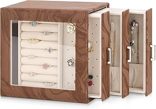 DesignSter Schmuckkästchen, Schmuckschatulle für Damen, PU Schmuckbox mit Seitlichen Schubladen, Schmuckaufbewahrung für Ohrringe, Halsketten, Ringe, Armbänder, Uhren, Braun