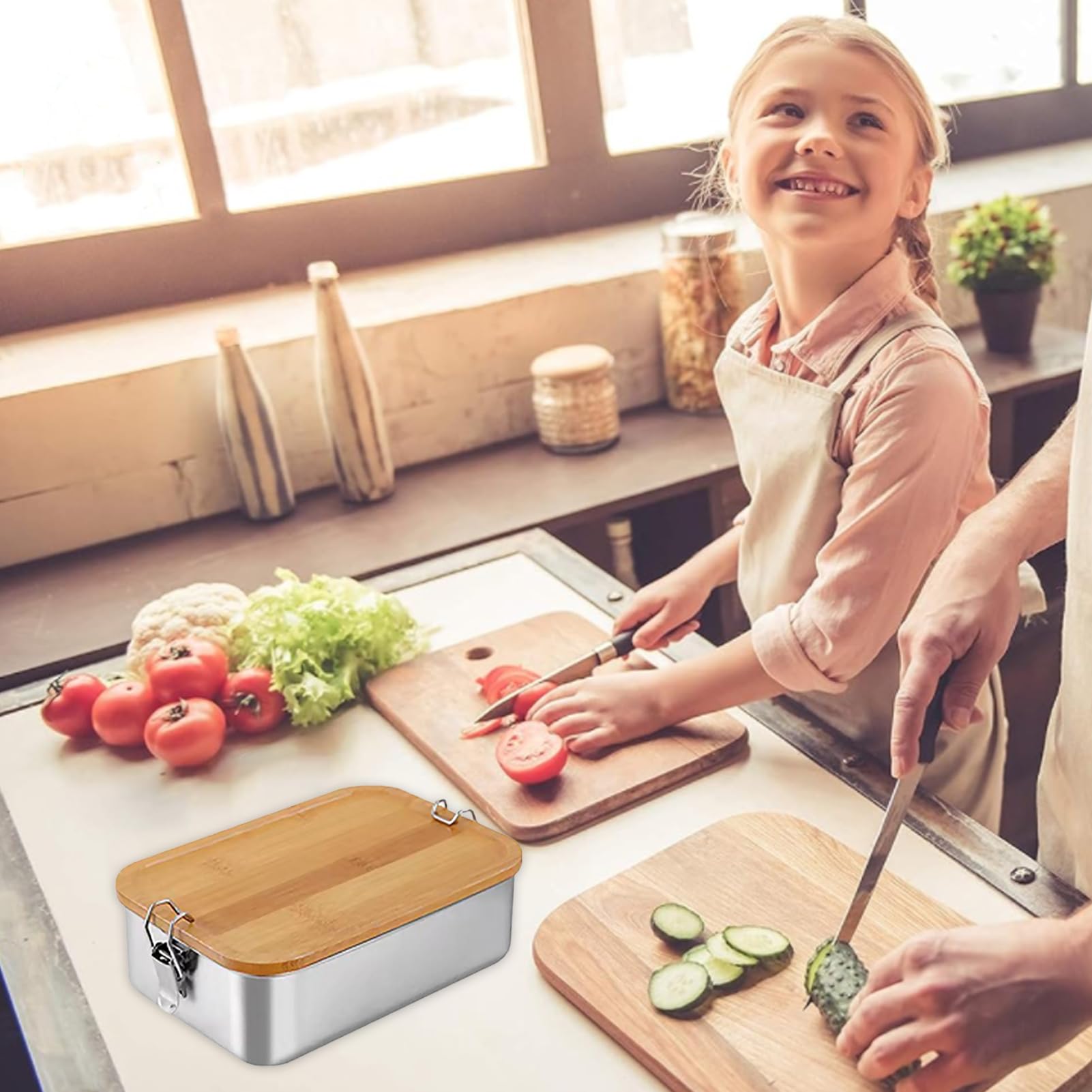 Bento Lunchbox Volwassenen Kinderen, Roestvrijstalen BPA-vrije voedselcontainers met houten deksels Ontbijtbox Perfect voor schoolpicknicks en reizen (1200 ml