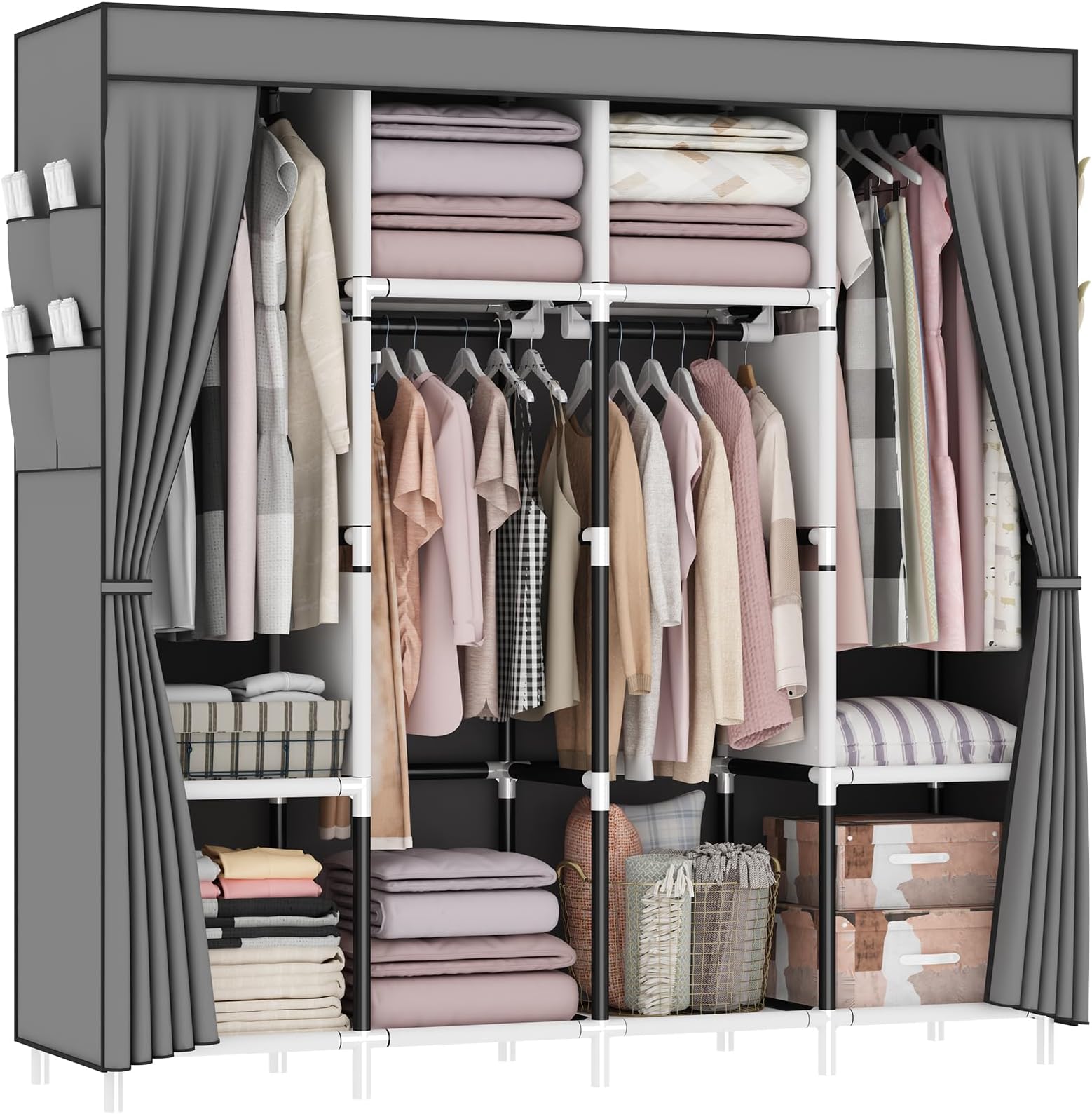 OPPAIYA Canvas Wardrobe, Fabric Wardrobes with 4 Hanging Rails, 4 Compartments and 8 Side Pockets, Zippered Pop Up Wardrobe, Foldable Wardrobes for Bedroom, 165 x 165 x 45 cm