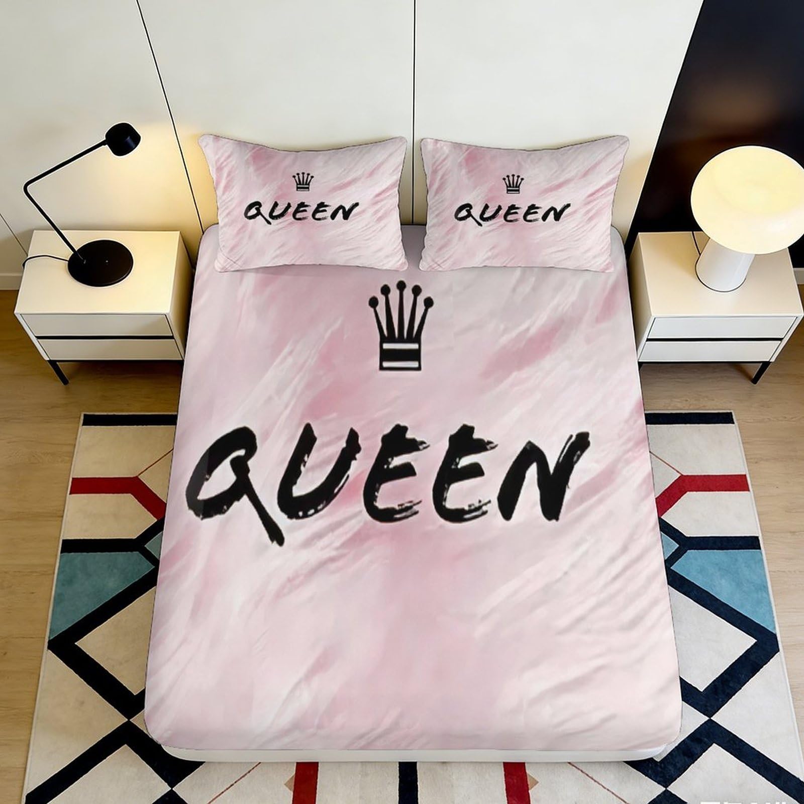3D Printed Pink Crown Queen Fitted Sheet Microfiber Soft Non-Slip Bed Cover for Bedroom Dorm Mattress Decor 90x200x25cm
