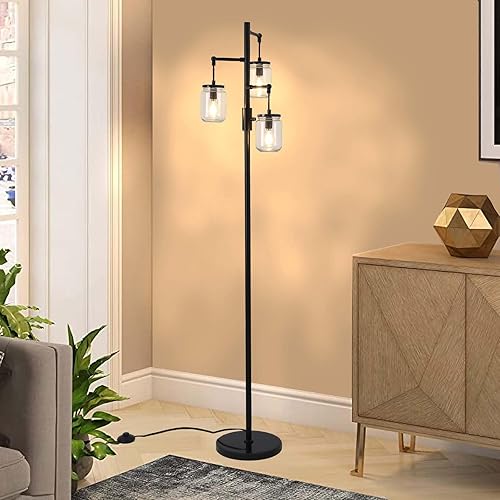Miniatura 2 de ShuideHua Lámpara de pie regulable, lámpara de pie industrial, lámpara de árbol negro, lámpara alta con 3 elegantes pantallas de vidrio y bombillas