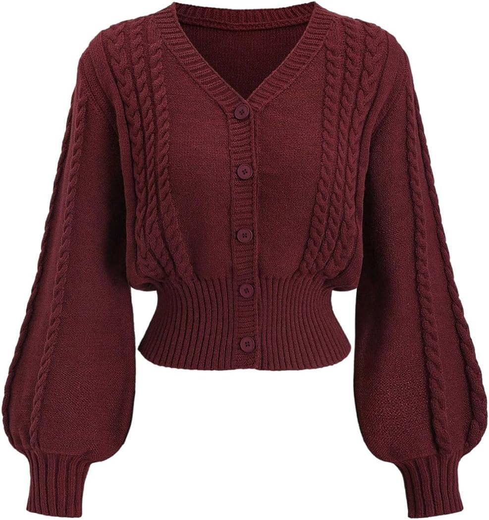 SHENHE Women's Fall Cardigan Sweaters Button Up Lantern Sleeve V Neck Cinched Waist Crop Sweaters