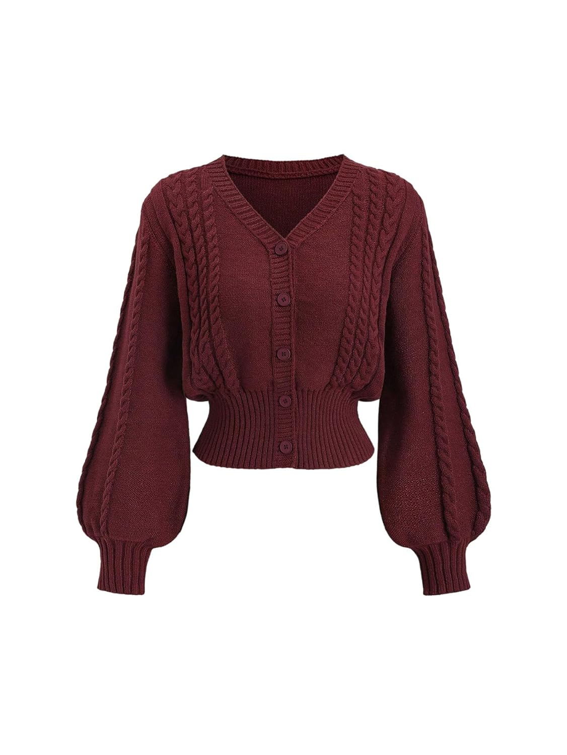 Milumia Womens Cable Knit Button Up Crop Cardigan Lantern Long Sleeve Cinched Waist Sweater Tops