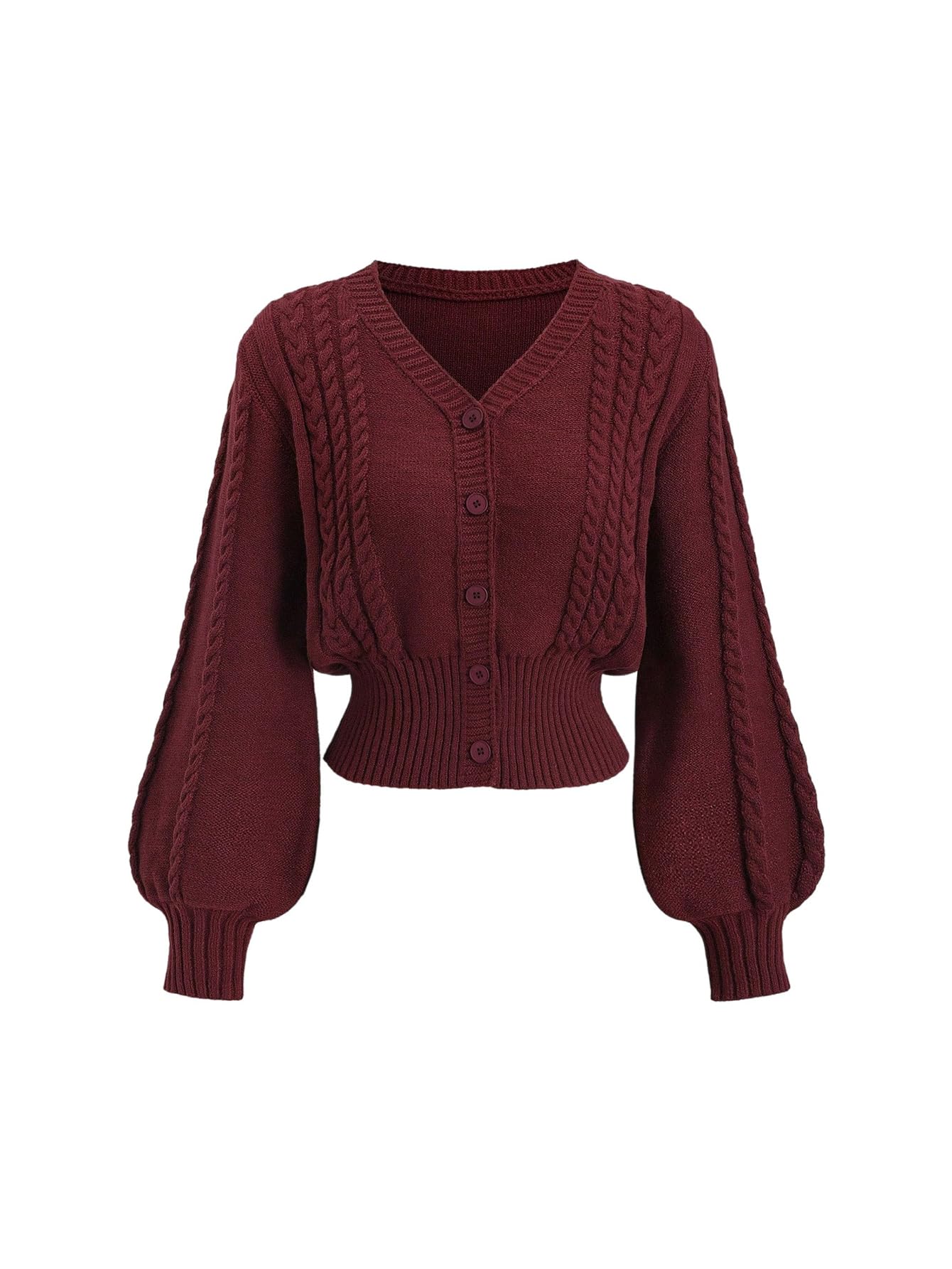 Milumia Womens Cable Knit Button Up Crop Cardigan Lantern Long Sleeve Cinched Waist Sweater Tops