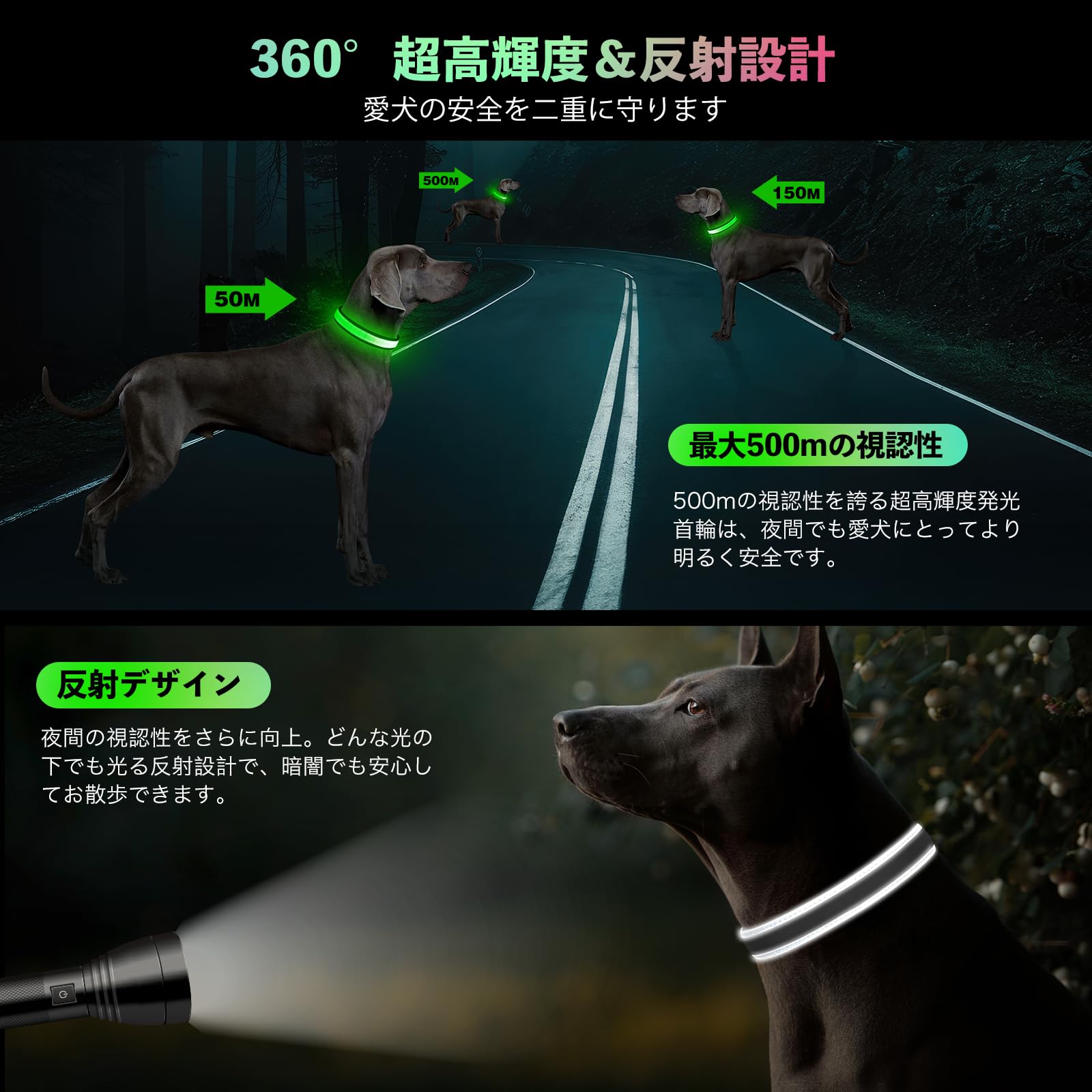 Amazon | 犬 光る首輪、 LED マルチカラー 犬用 7つの点灯モード USB-C