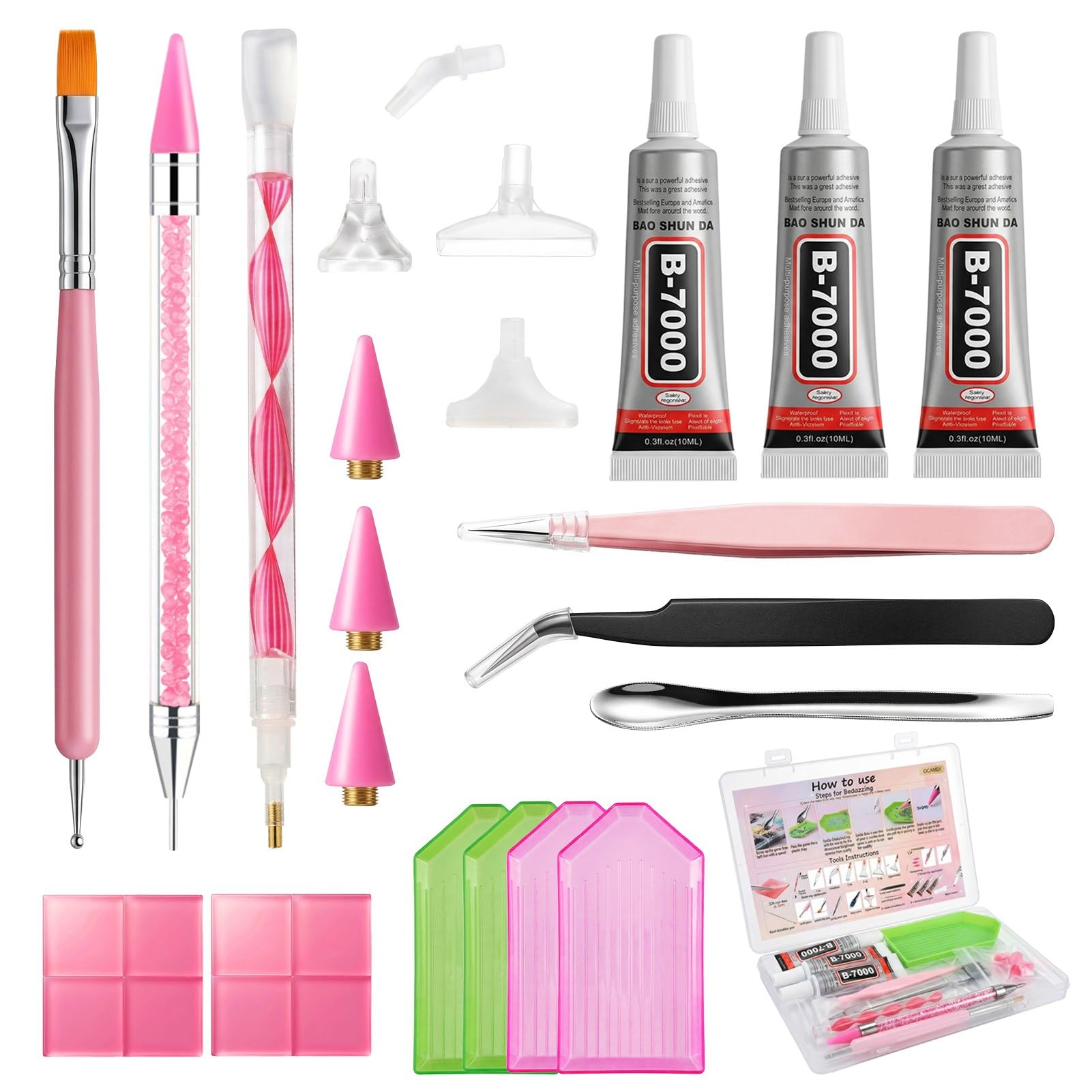 OCARDI 30Pcs Rhinestone Picker Tools for Bedazzling Kit -B7000 Jewellery Glue for Crafts,9-in-1 System with 3 Picker Pens&9 Interchangeable Tips,Trays,Tweezers&Clay,All-in-One Diamond Art Painting Set