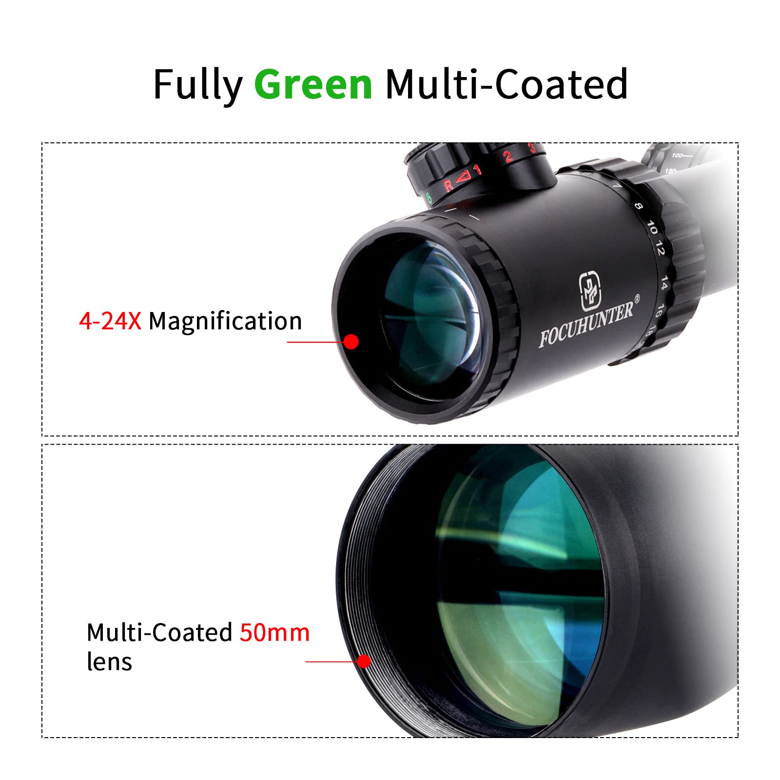 Ottica Cannocchiale Caccia 4-24x50mm Cannocchiale Carabina Illuminato Reticolo Rosso/Verde Telemetro Rapido Airsoft Mirino con Weaver/Picatinny Rail Mounts