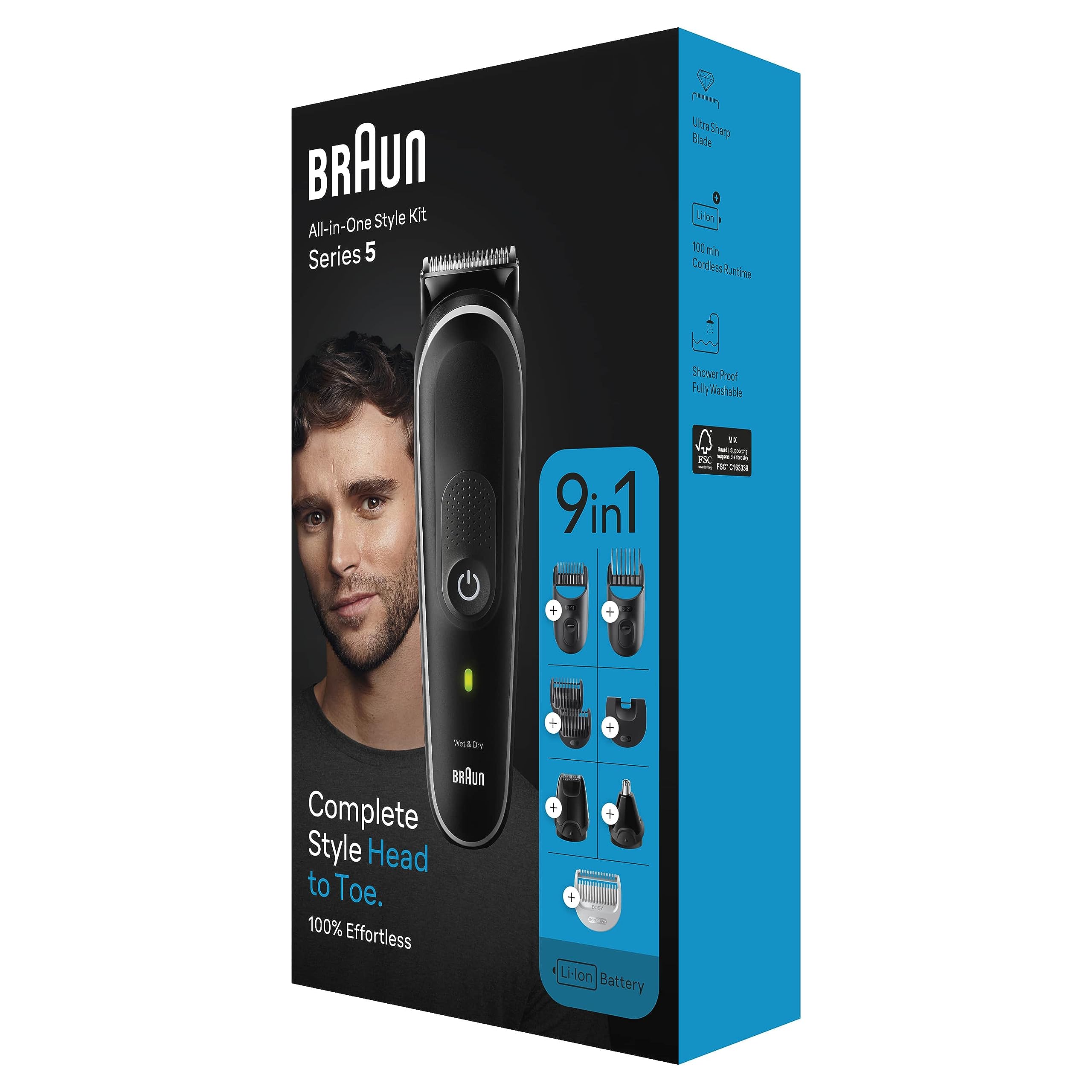 Braun Kit de estilo 9 en 1 5 MGK5420 para barba, cuerpo, oreja y nariz. Con tiempo de ejecución de 100 minutos, bolsa, gris