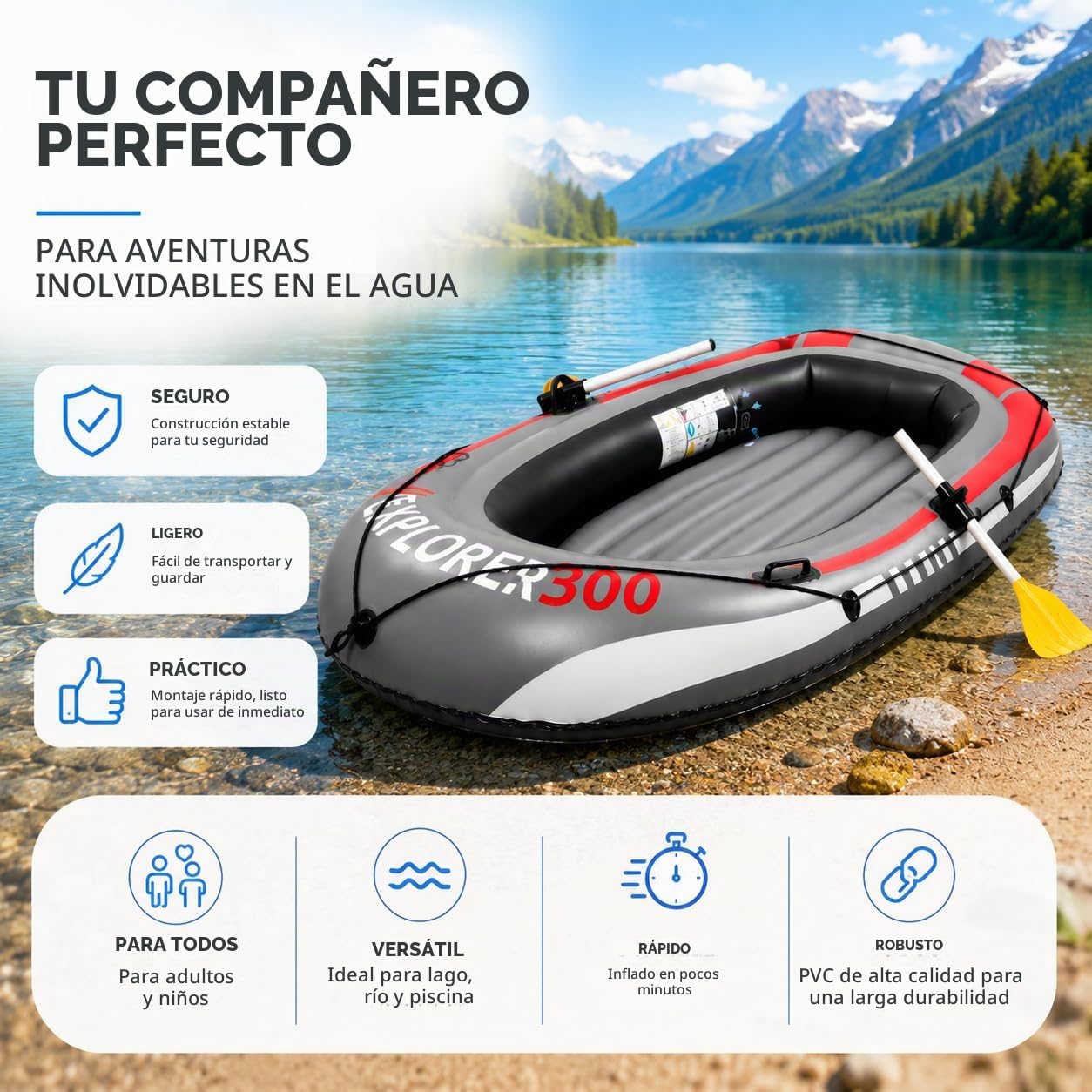 Bote inflable de 220 x 110 cm, para niños y adultos con pádel y cuerdas, barco inflable, bote de remo y bote de remos