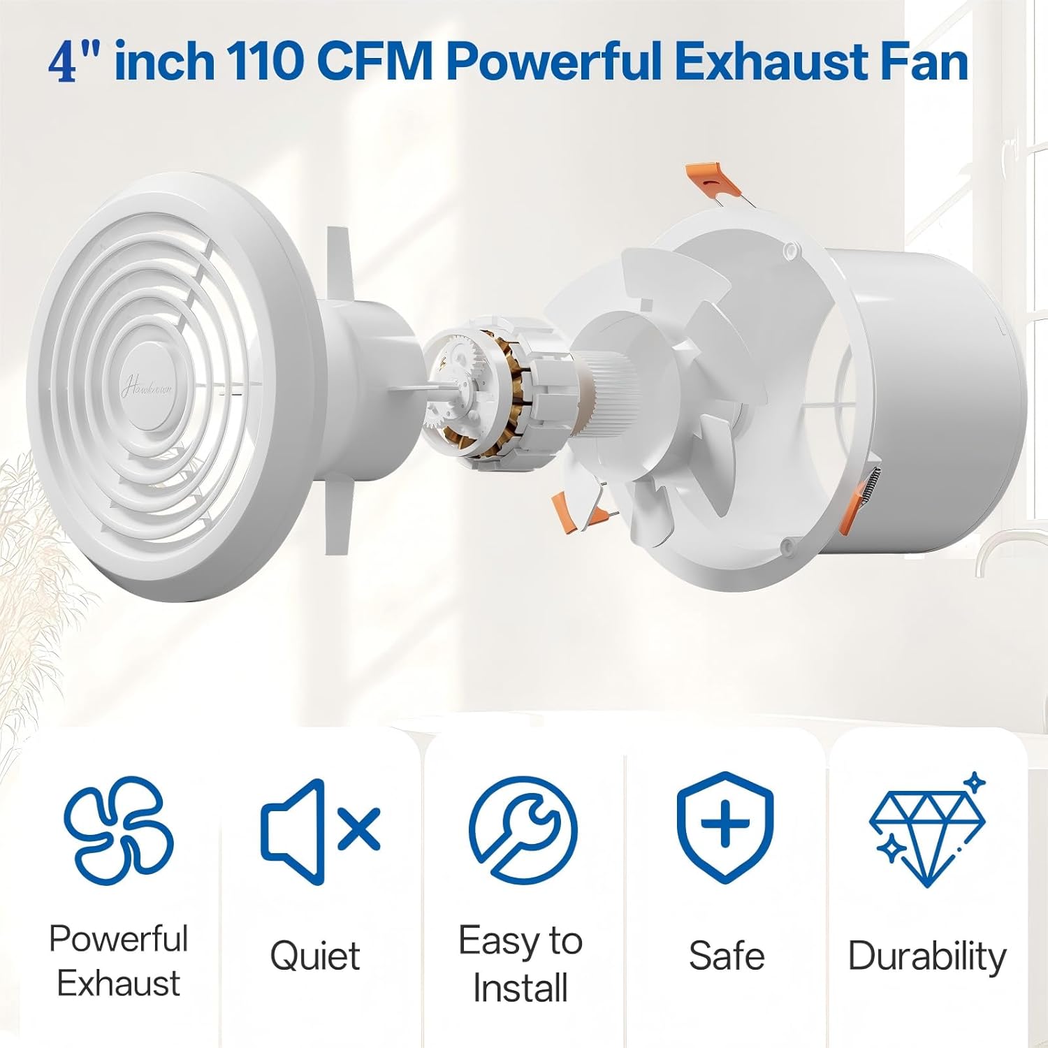 4inch Exhaust Fan, 110 CFM Wall Mounted Vent Fan, 1.0 Sone Quiet, Windows Exhaust Fan, Ventilation Fan for Bathroom, Basement, Mobile Home (2 packs)